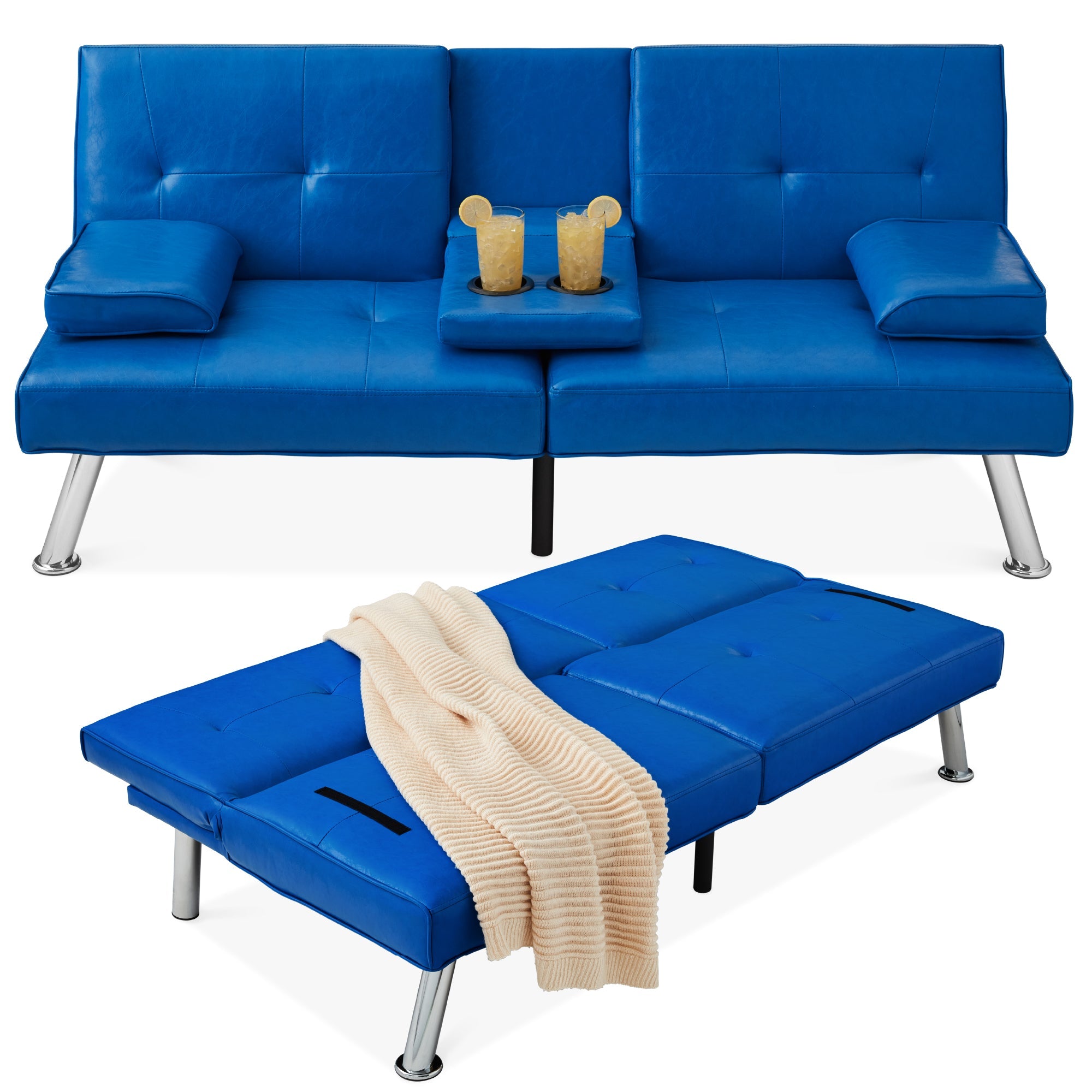 Faux Leather Upholstered Convertible Sofa Bed Futon w/ 2 Cupholders - Royal Blue
