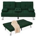 Linen Upholstered Convertible Sofa Bed Futon w/ 2 Cupholders - Dark Green