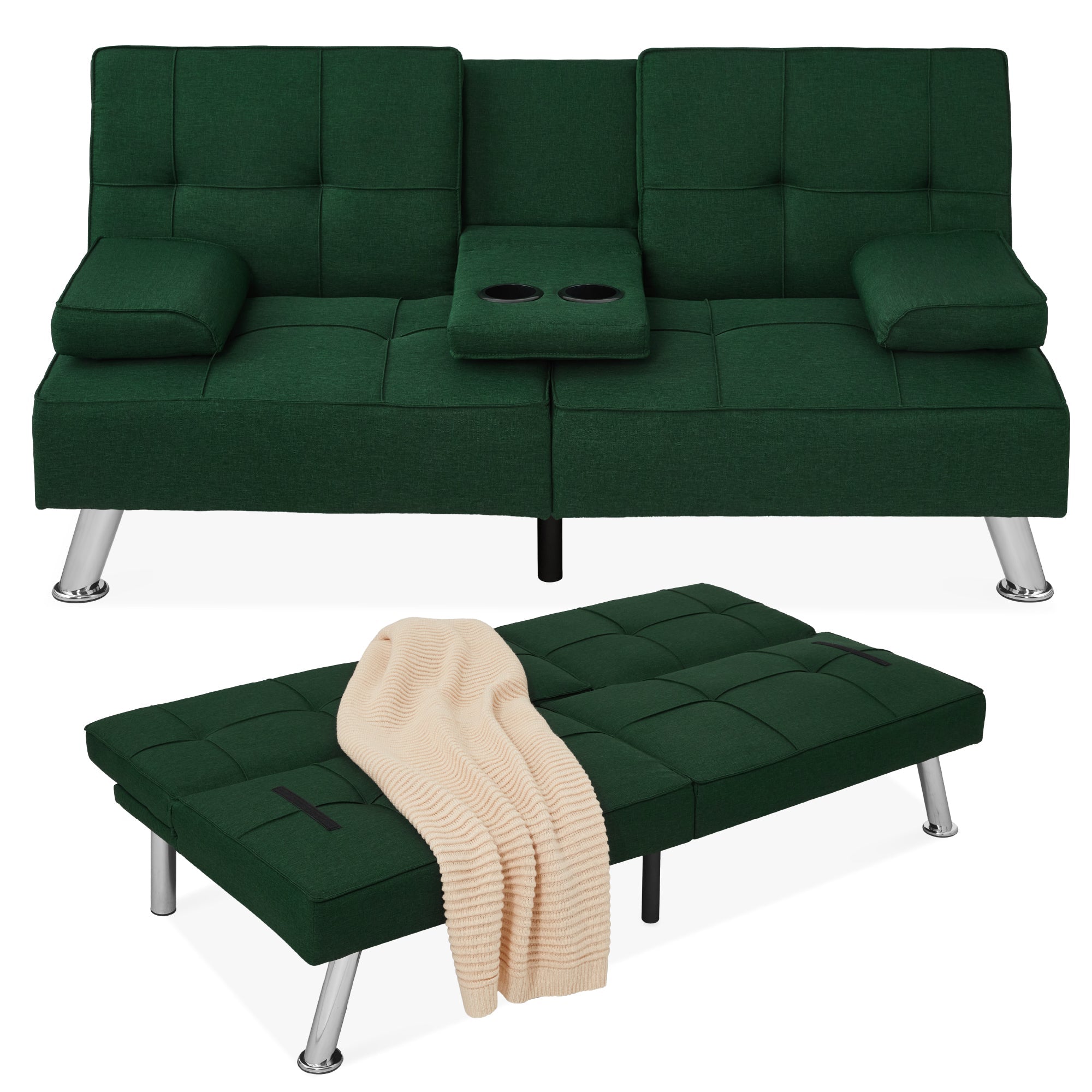 Linen Upholstered Convertible Sofa Bed Futon w/ 2 Cupholders - Dark Green