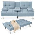 Linen Upholstered Convertible Sofa Bed Futon w/ 2 Cupholders - Light Blue