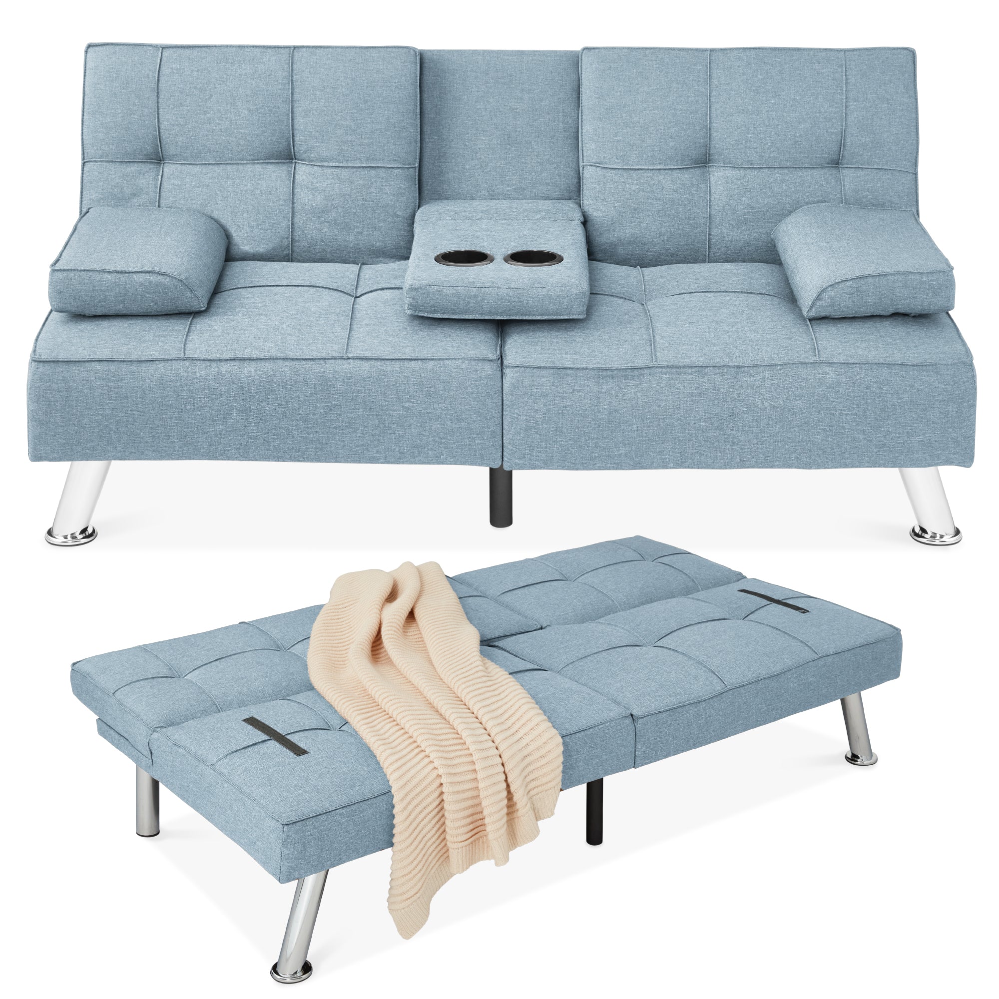 Linen Upholstered Convertible Sofa Bed Futon w/ 2 Cupholders - Light Blue