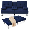 Linen Upholstered Convertible Sofa Bed Futon w/ 2 Cupholders - Dark Blue