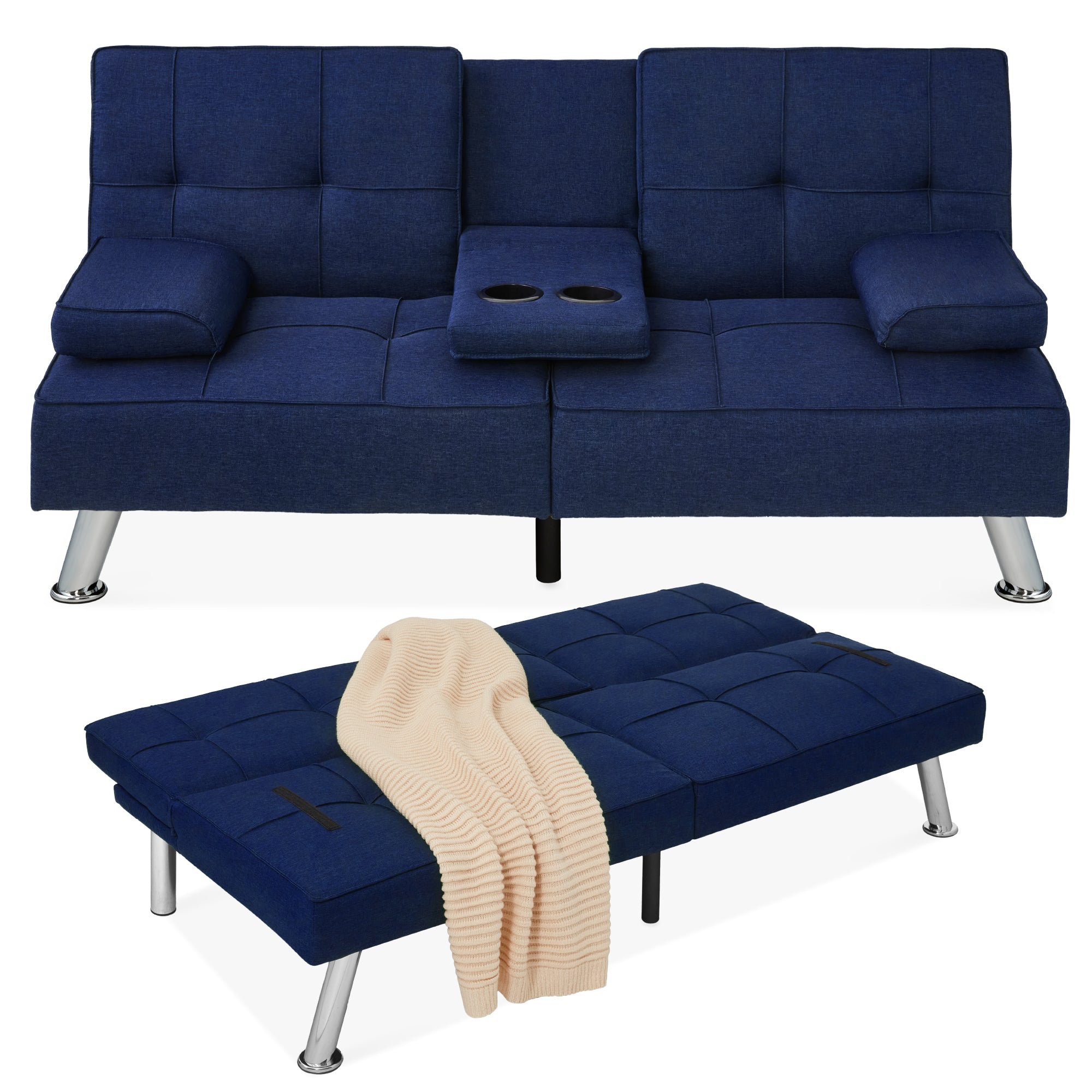 Linen Upholstered Convertible Sofa Bed Futon w/ 2 Cupholders - Dark Blue