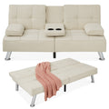Linen Upholstered Convertible Sofa Bed Futon w/ 2 Cupholders - Ivory