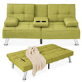 Linen Upholstered Convertible Sofa Bed Futon w/ 2 Cupholders - Chartreuse