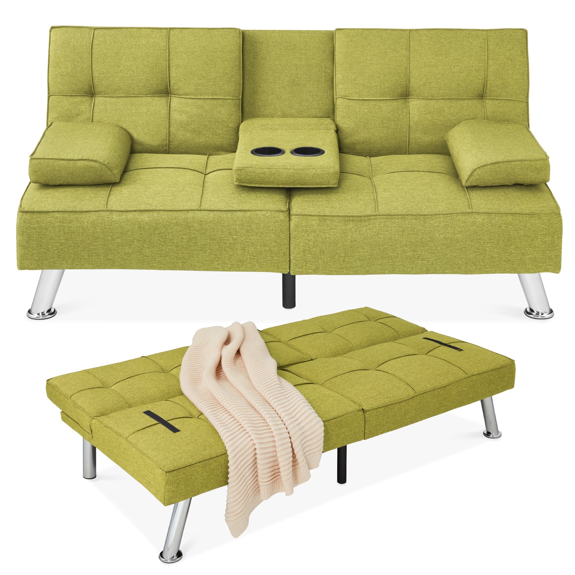 Linen Upholstered Convertible Sofa Bed Futon w/ 2 Cupholders - Chartreuse