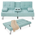 Linen Upholstered Convertible Sofa Bed Futon w/ 2 Cupholders - Aqua