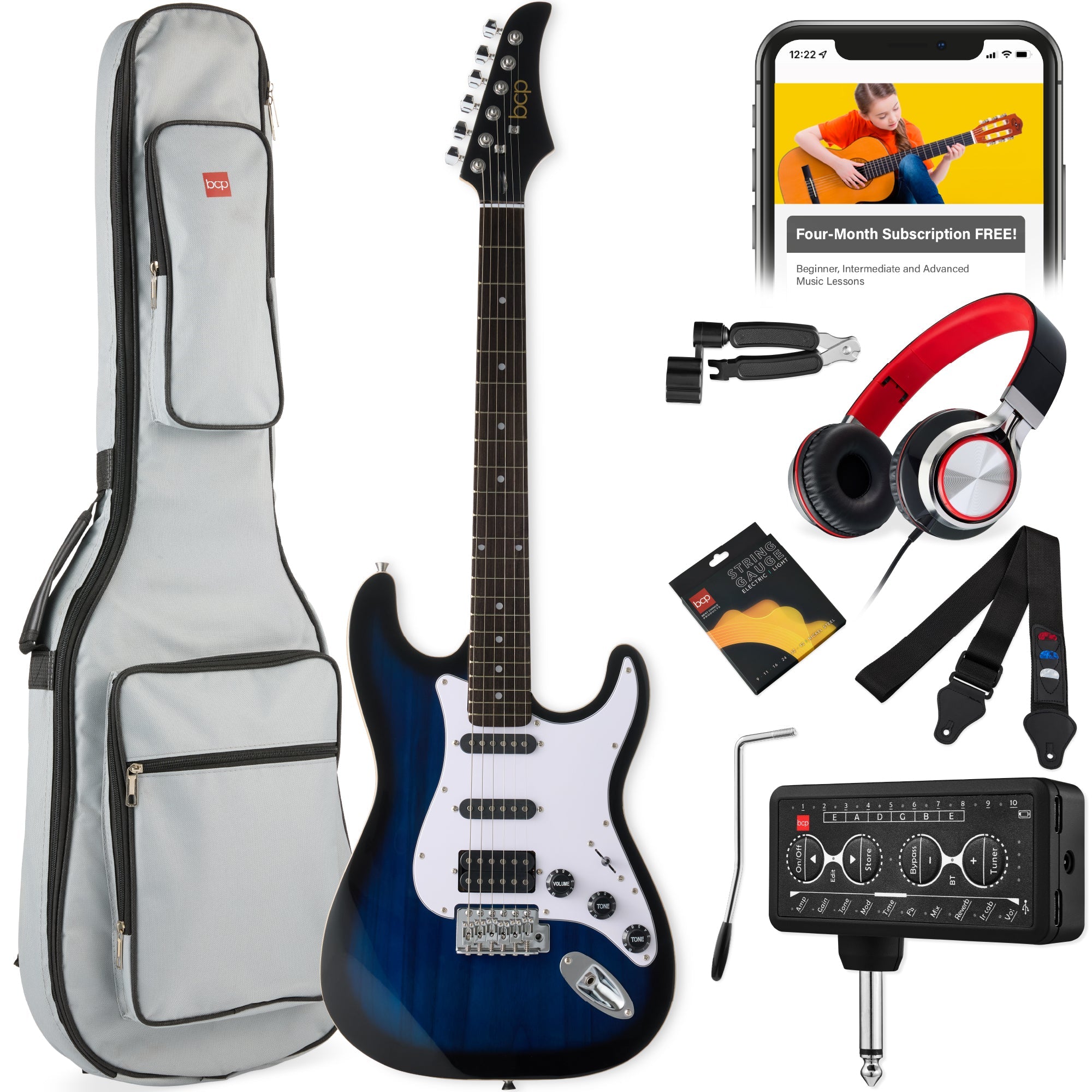 Beginner Electric Guitar Kit w/ Headphone Amp, Padded Gig Bag, Headphones - Hollywood Blue/White