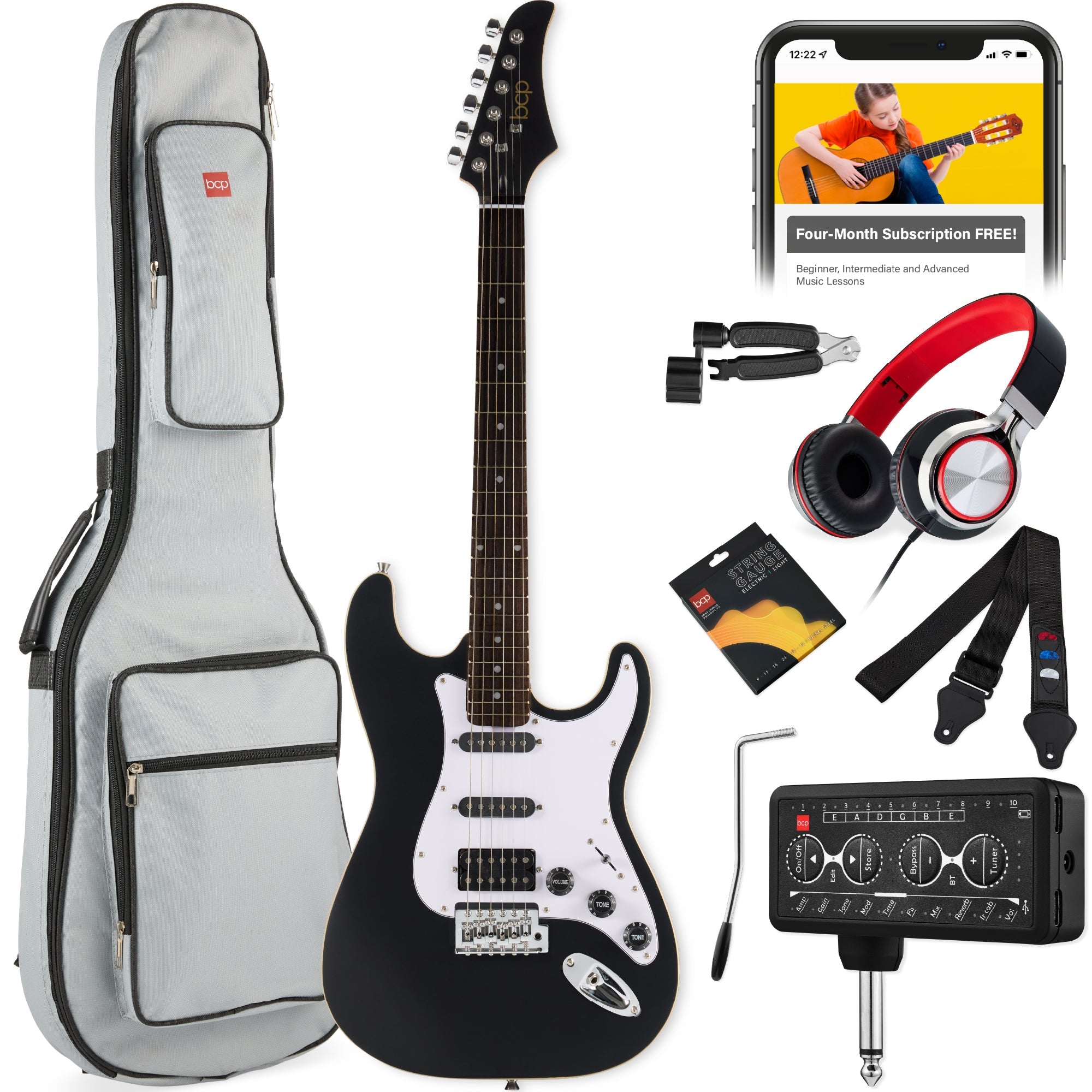 Beginner Electric Guitar Kit w/ Headphone Amp, Padded Gig Bag, Headphones - Satin Black/White