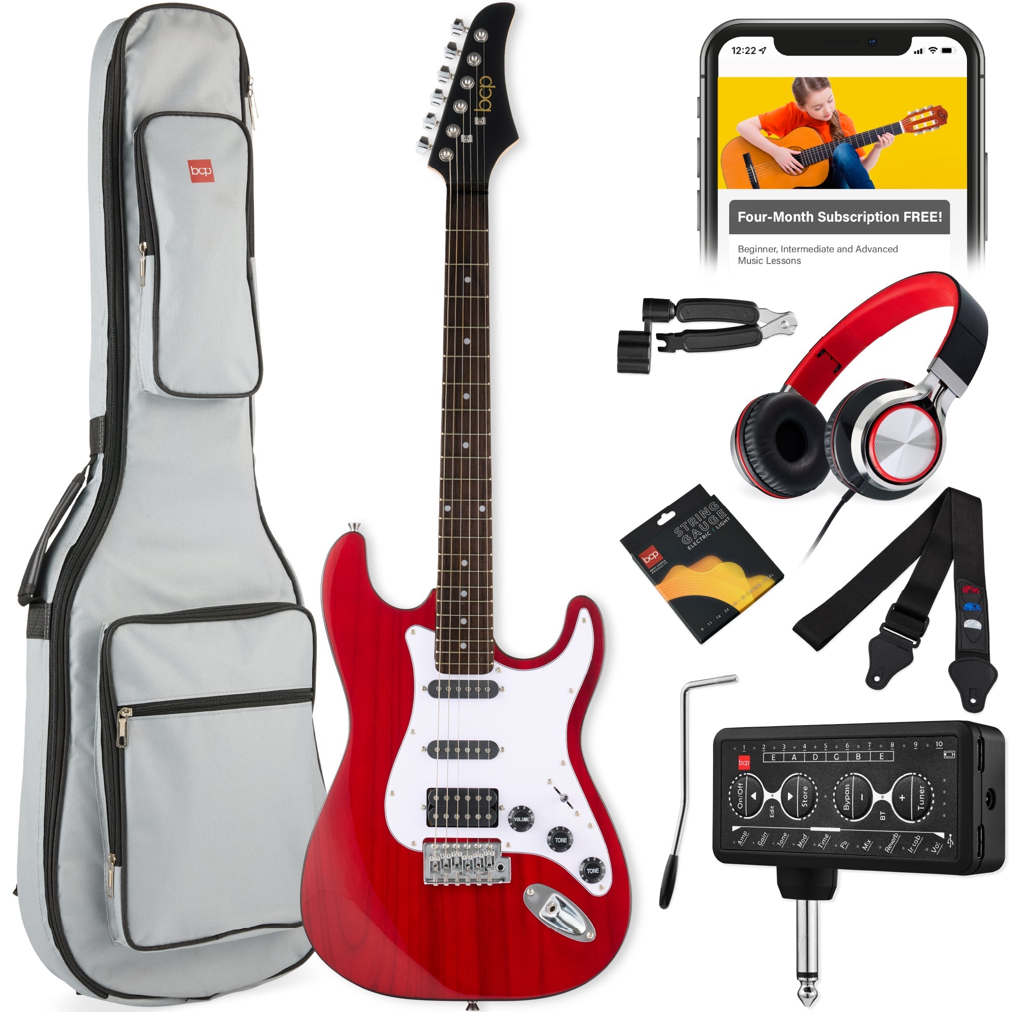 Beginner Electric Guitar Kit w/ Headphone Amp, Padded Gig Bag, Headphones - Cherry Red/White