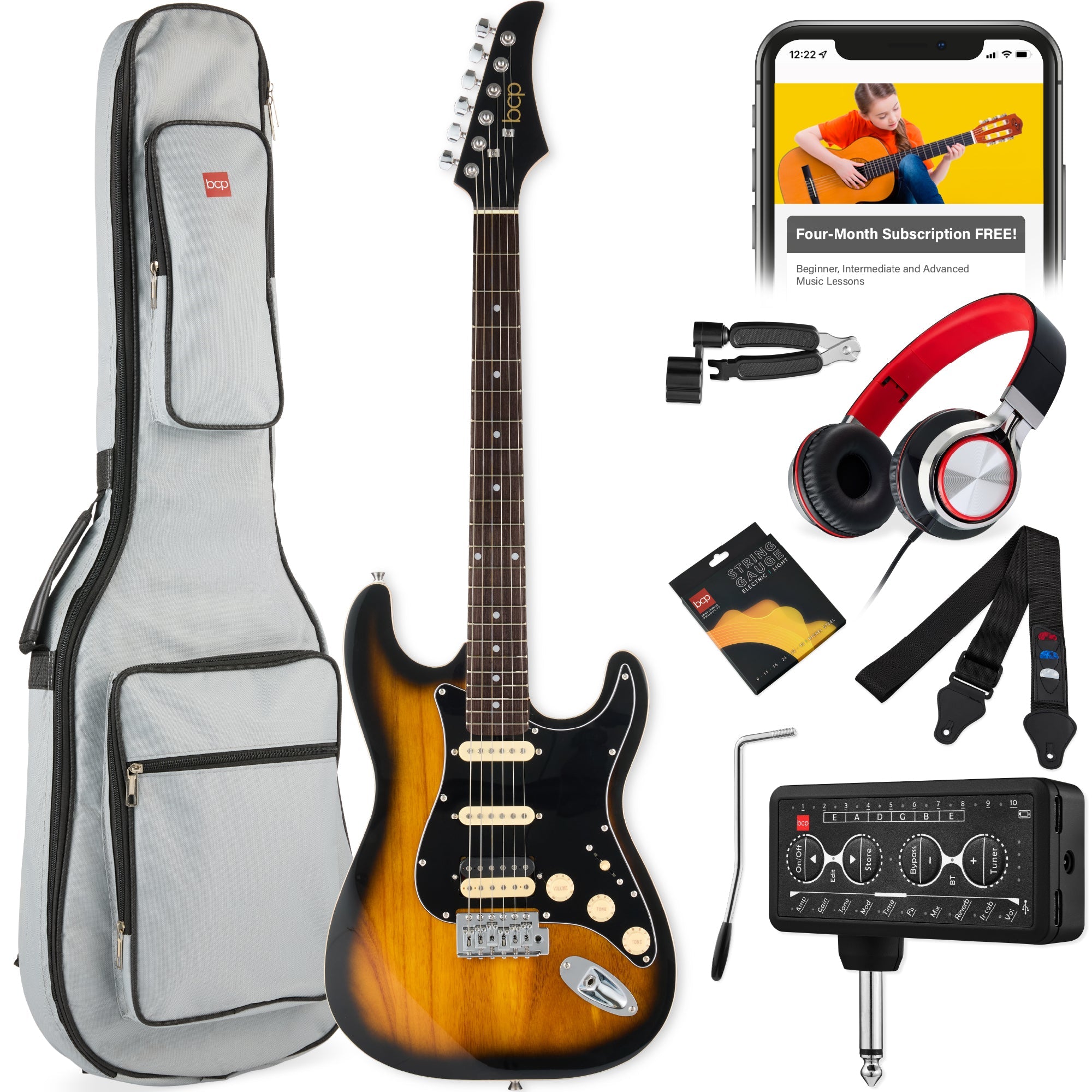 Beginner Electric Guitar Kit w/ Headphone Amp, Padded Gig Bag, Headphones - Sunburst/Black