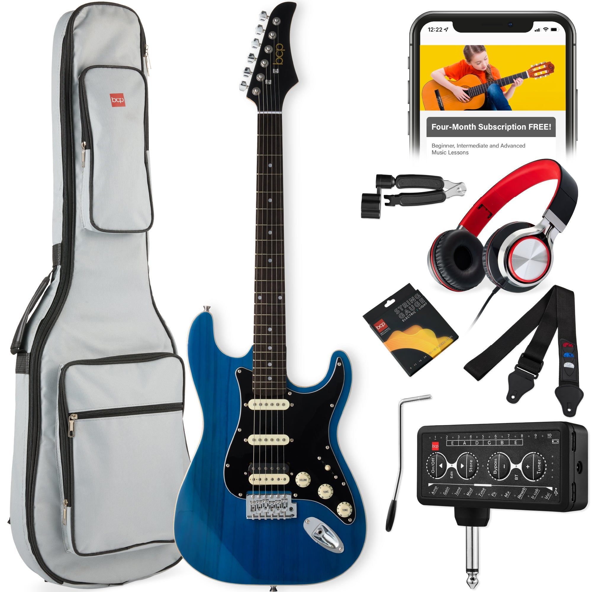 Beginner Electric Guitar Kit w/ Headphone Amp, Padded Gig Bag, Headphones - Midnight Blue/Black
