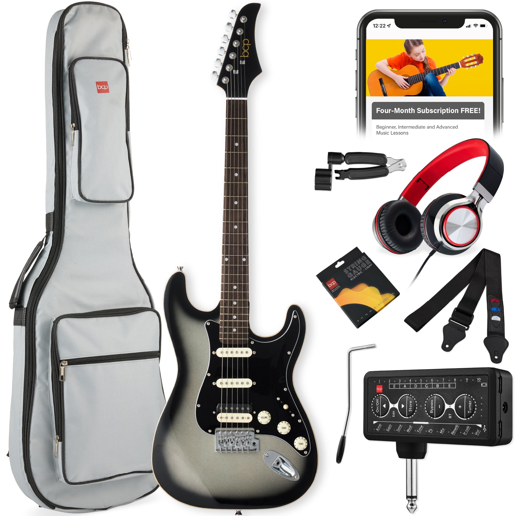 Beginner Electric Guitar Kit w/ Headphone Amp, Padded Gig Bag, Headphones - Silverburst/Black