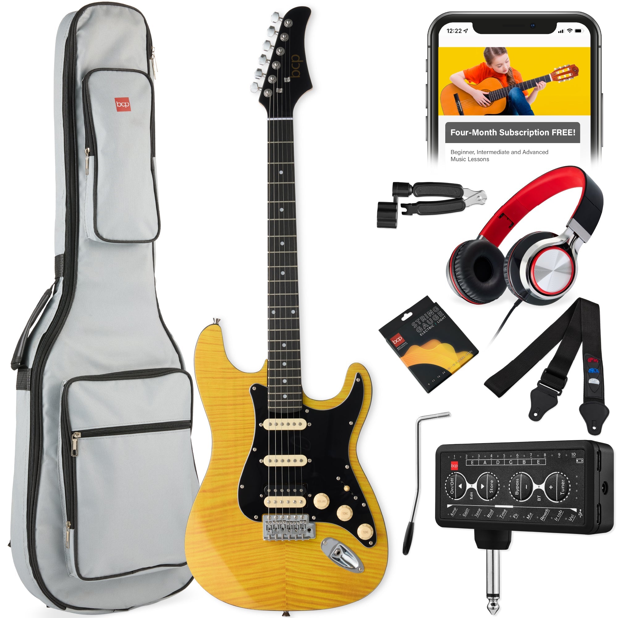 Beginner Electric Guitar Kit w/ Headphone Amp, Padded Gig Bag, Headphones - Natural Flametop/Black