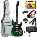 Beginner Electric Guitar Kit w/ Headphone Amp, Padded Gig Bag, Headphones - Green Flametop/Black