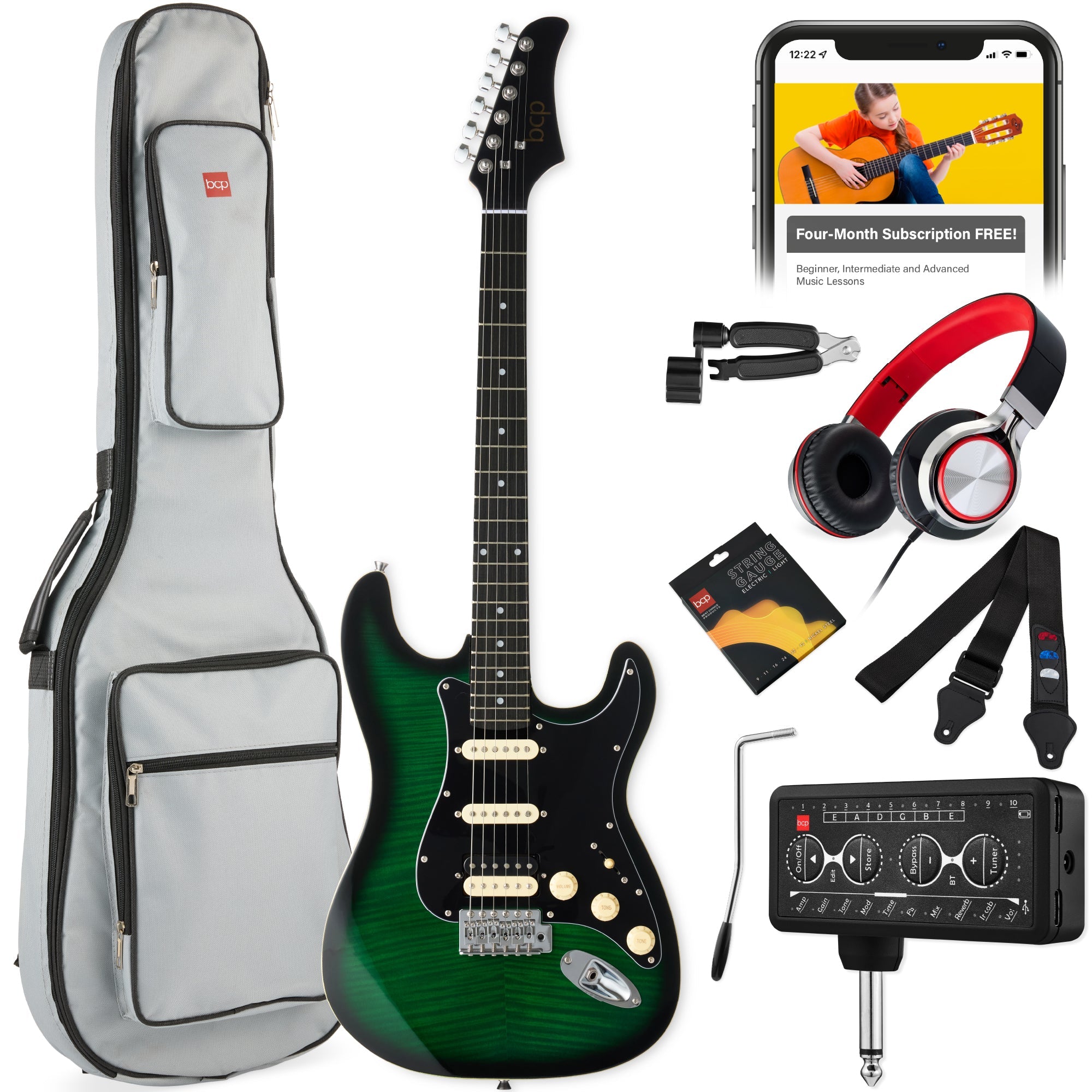 Beginner Electric Guitar Kit w/ Headphone Amp, Padded Gig Bag, Headphones - Green Flametop/Black