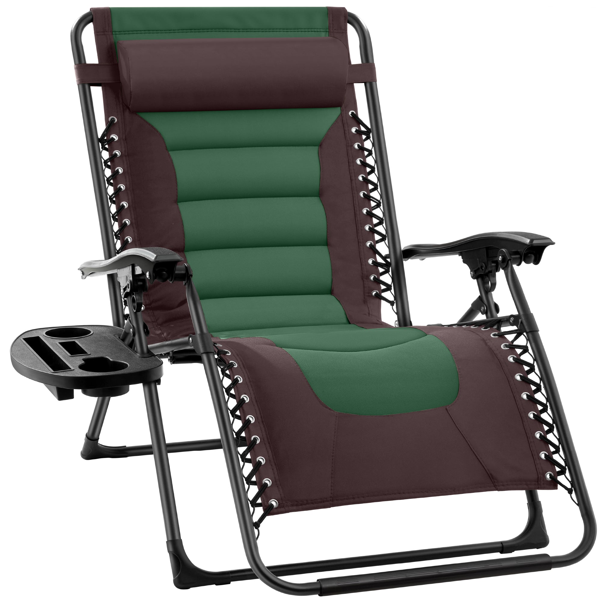 Oversized Padded Zero Gravity Chair, Folding Recliner w/ Headrest, Side Tray - Espresso/Green