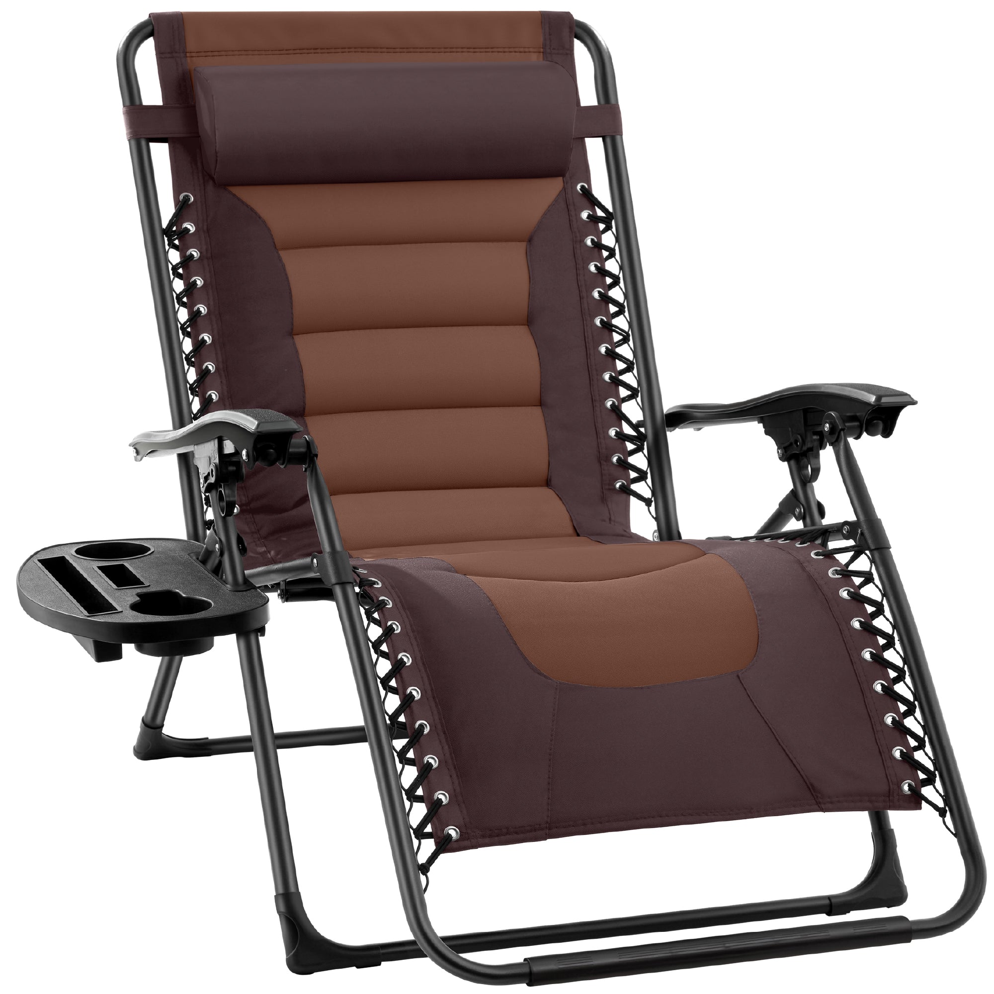 Oversized Padded Zero Gravity Chair, Folding Recliner w/ Headrest, Side Tray - Espresso/Brown