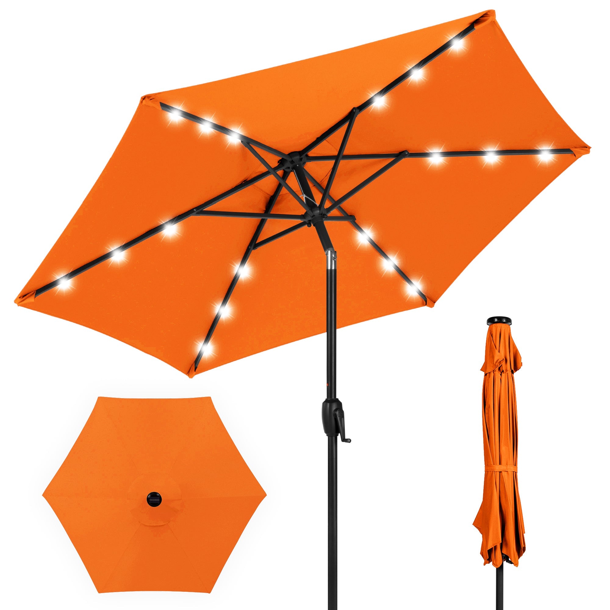 Outdoor Solar Patio Umbrella w/ Push Button Tilt, Crank Lift - 7.5ft - Orange