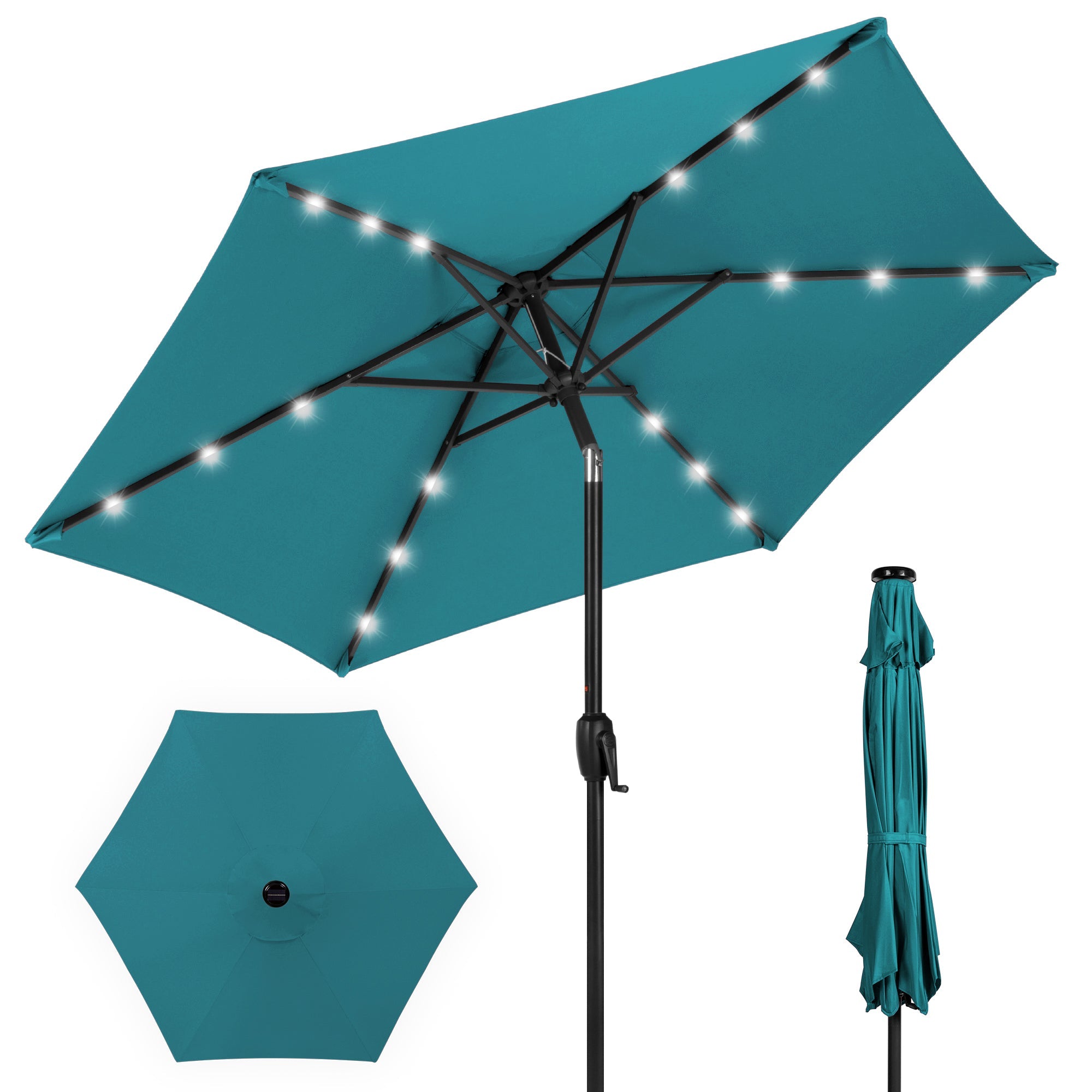 Outdoor Solar Patio Umbrella w/ Push Button Tilt, Crank Lift - 7.5ft - Cerulean