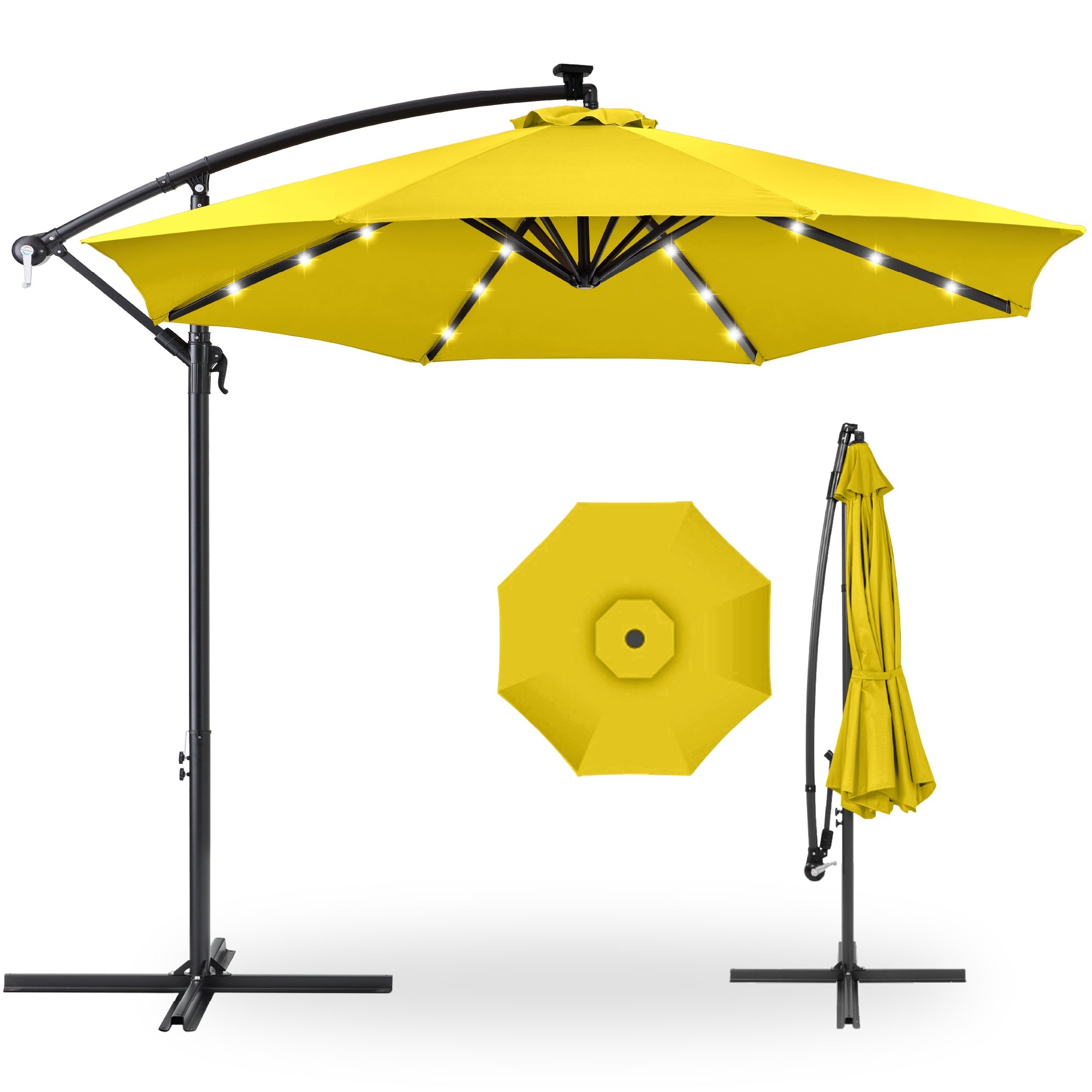 Solar LED Offset Hanging Patio Umbrella w/ Crank Tilt Adjustment - 10ft - Yellow