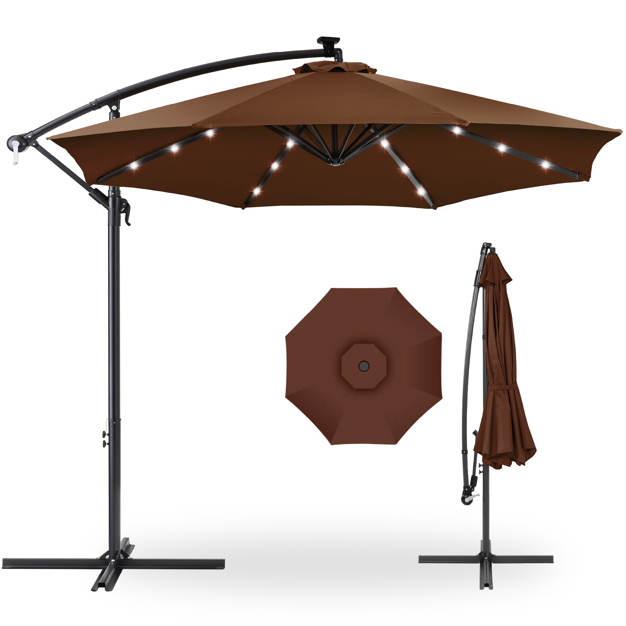 Solar LED Offset Hanging Patio Umbrella w/ Crank Tilt Adjustment - 10ft - Brown