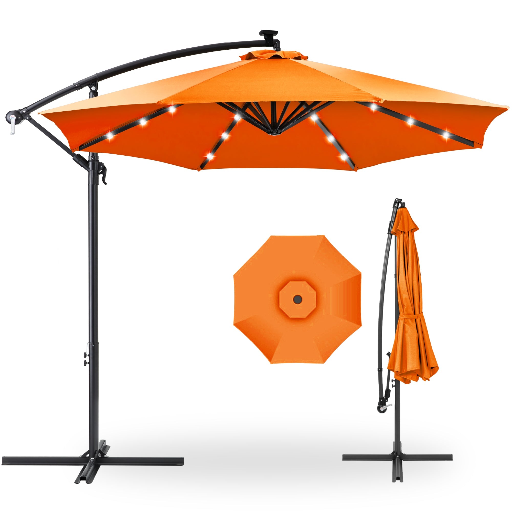 Solar LED Offset Hanging Patio Umbrella w/ Crank Tilt Adjustment - 10ft - Orange