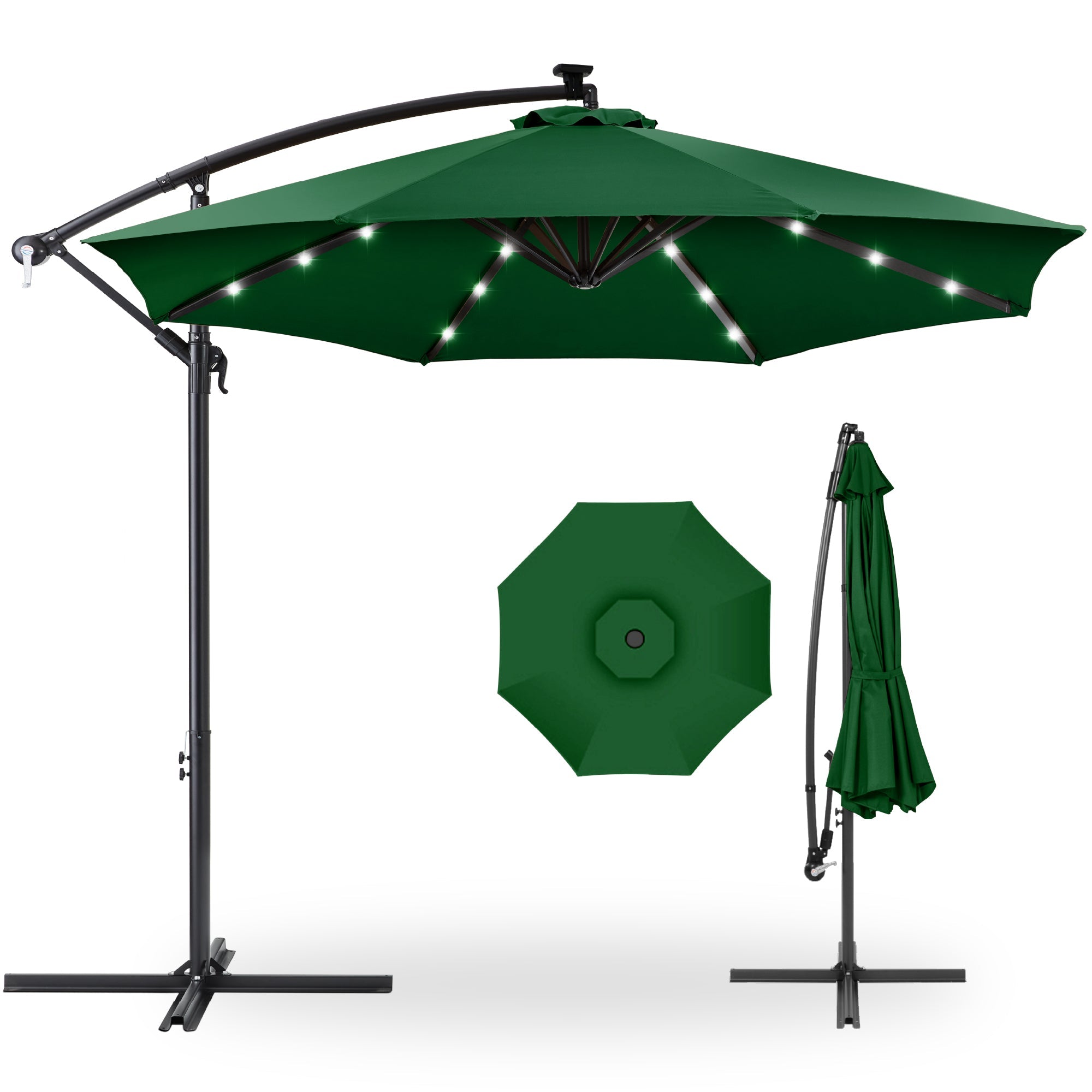 Solar LED Offset Hanging Patio Umbrella w/ Crank Tilt Adjustment - 10ft - Green