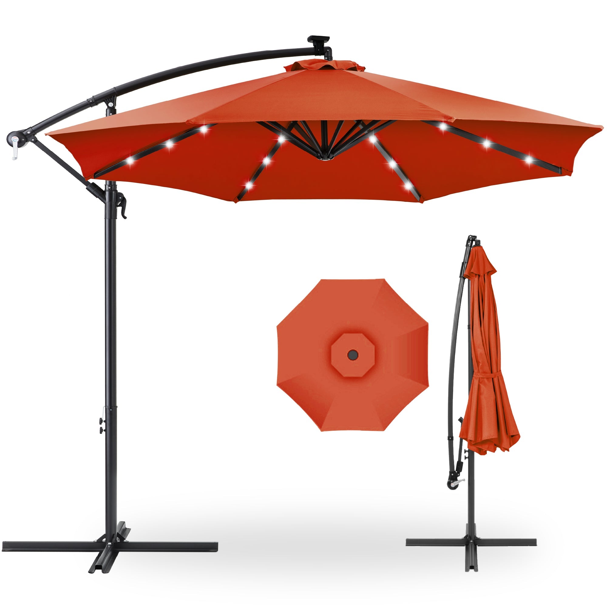 Solar LED Offset Hanging Patio Umbrella w/ Crank Tilt Adjustment - 10ft - Rust