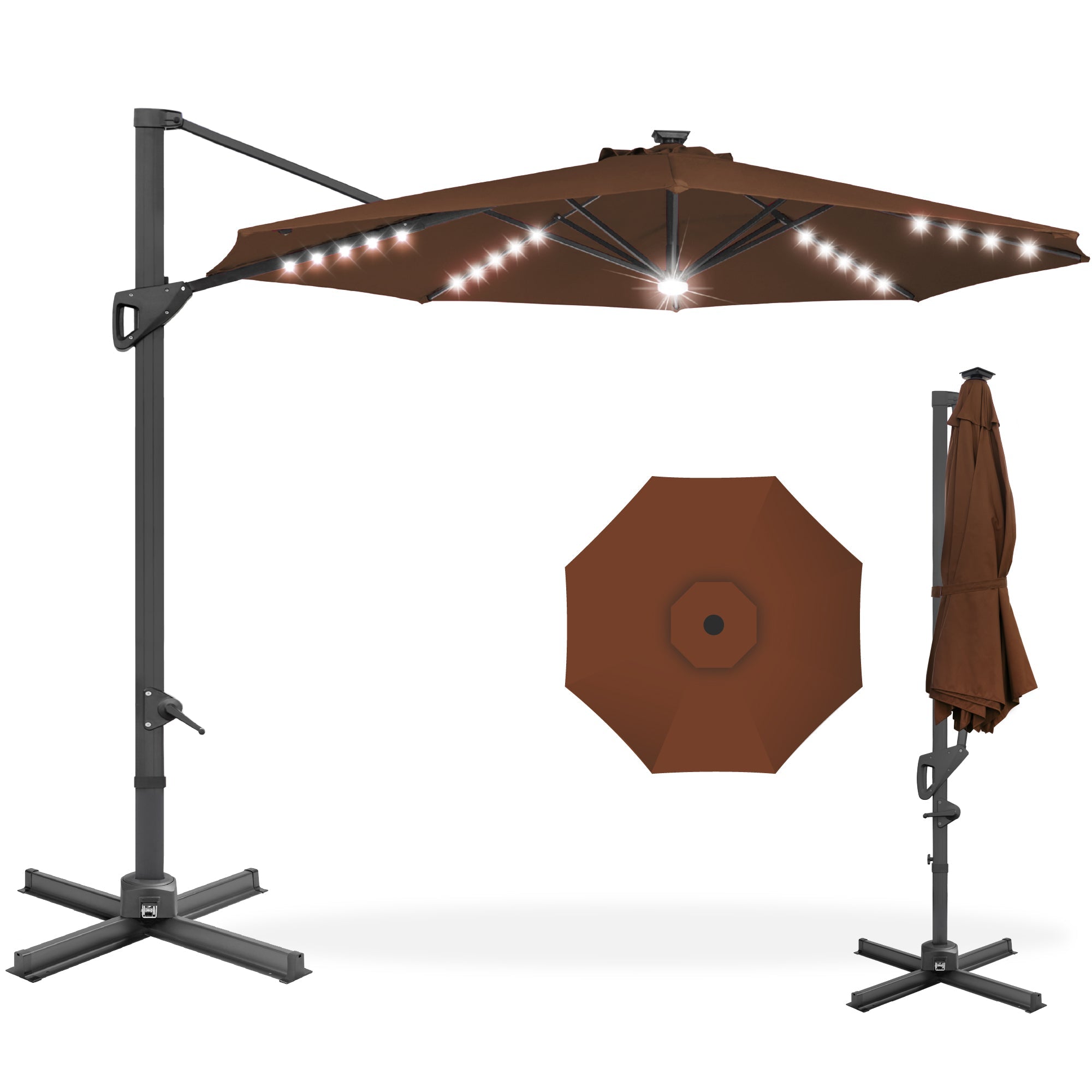 360-Degree Solar LED Cantilever Offset Patio Umbrella w/ Tilt - 10ft - Brown