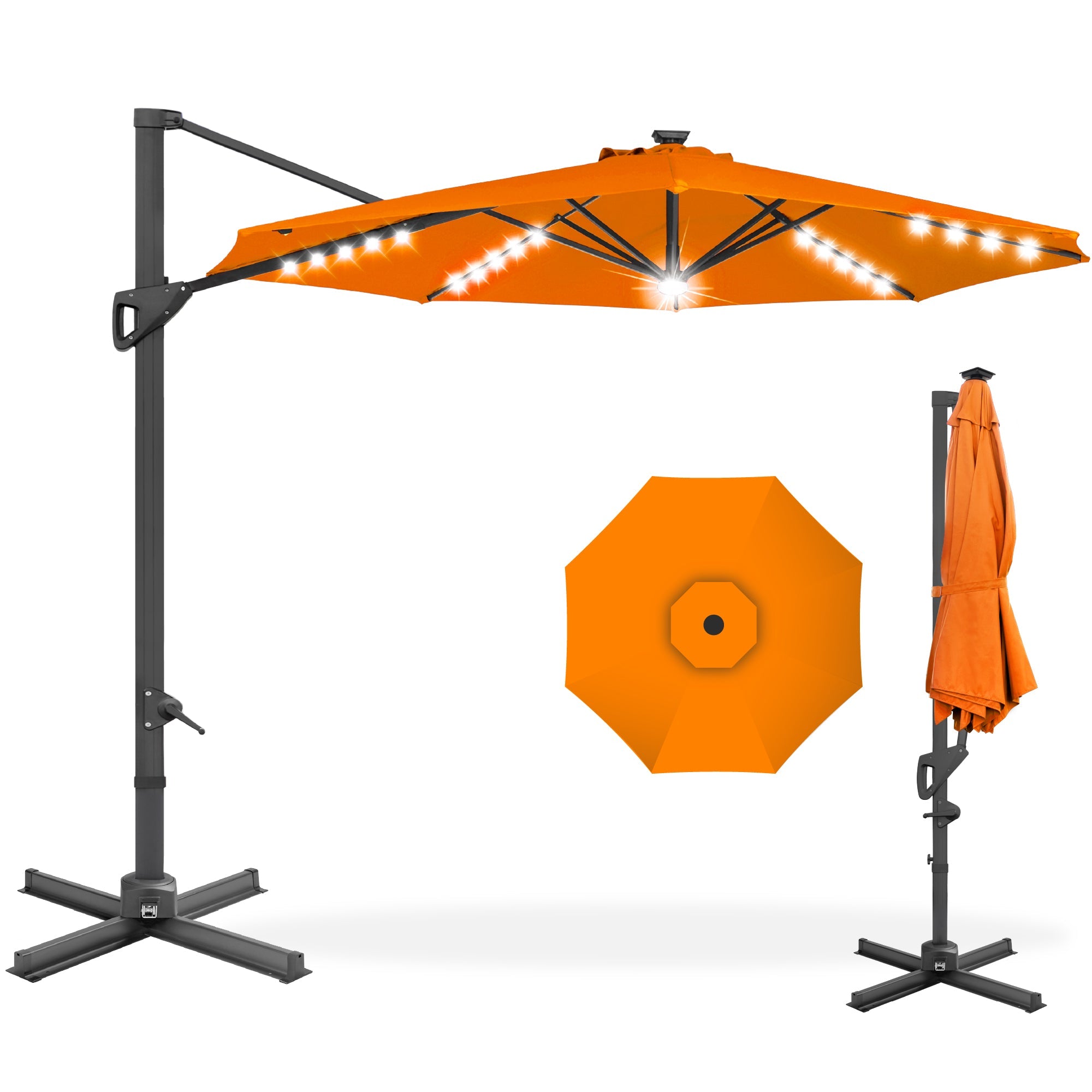 360-Degree Solar LED Cantilever Offset Patio Umbrella w/ Tilt - 10ft - Orange