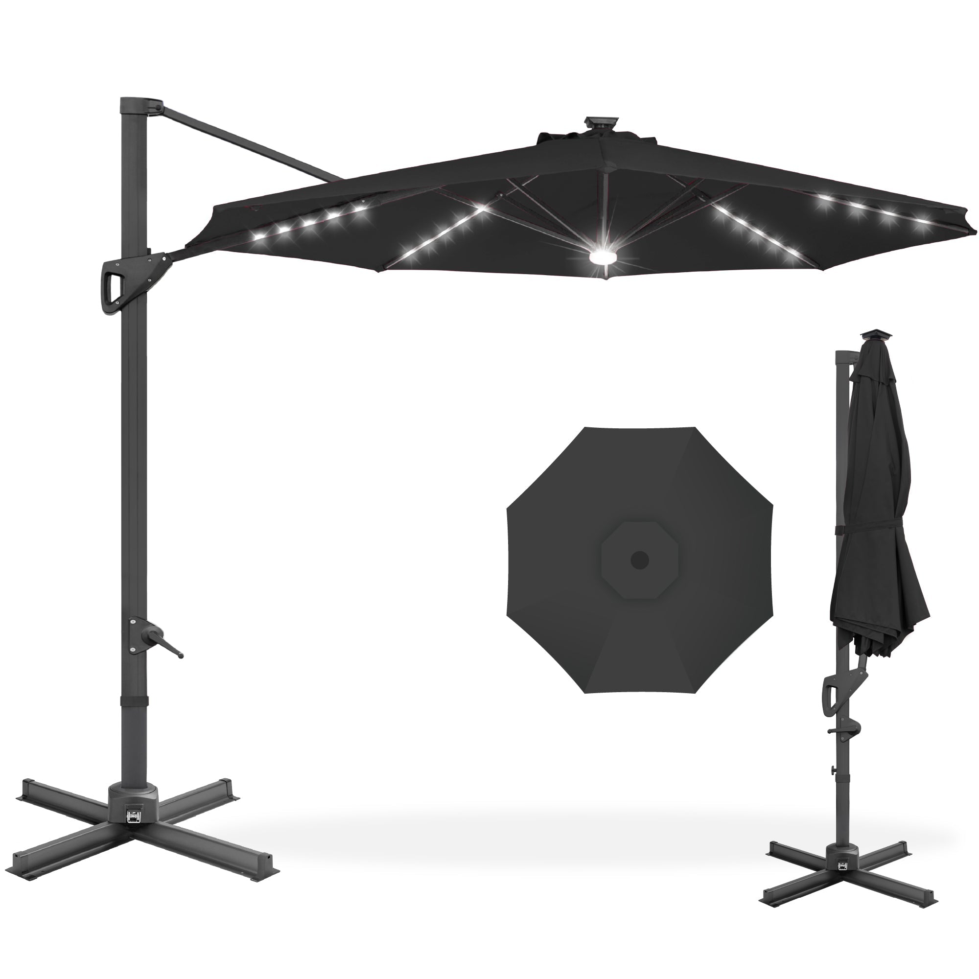 360-Degree Solar LED Cantilever Offset Patio Umbrella w/ Tilt - 10ft - Black