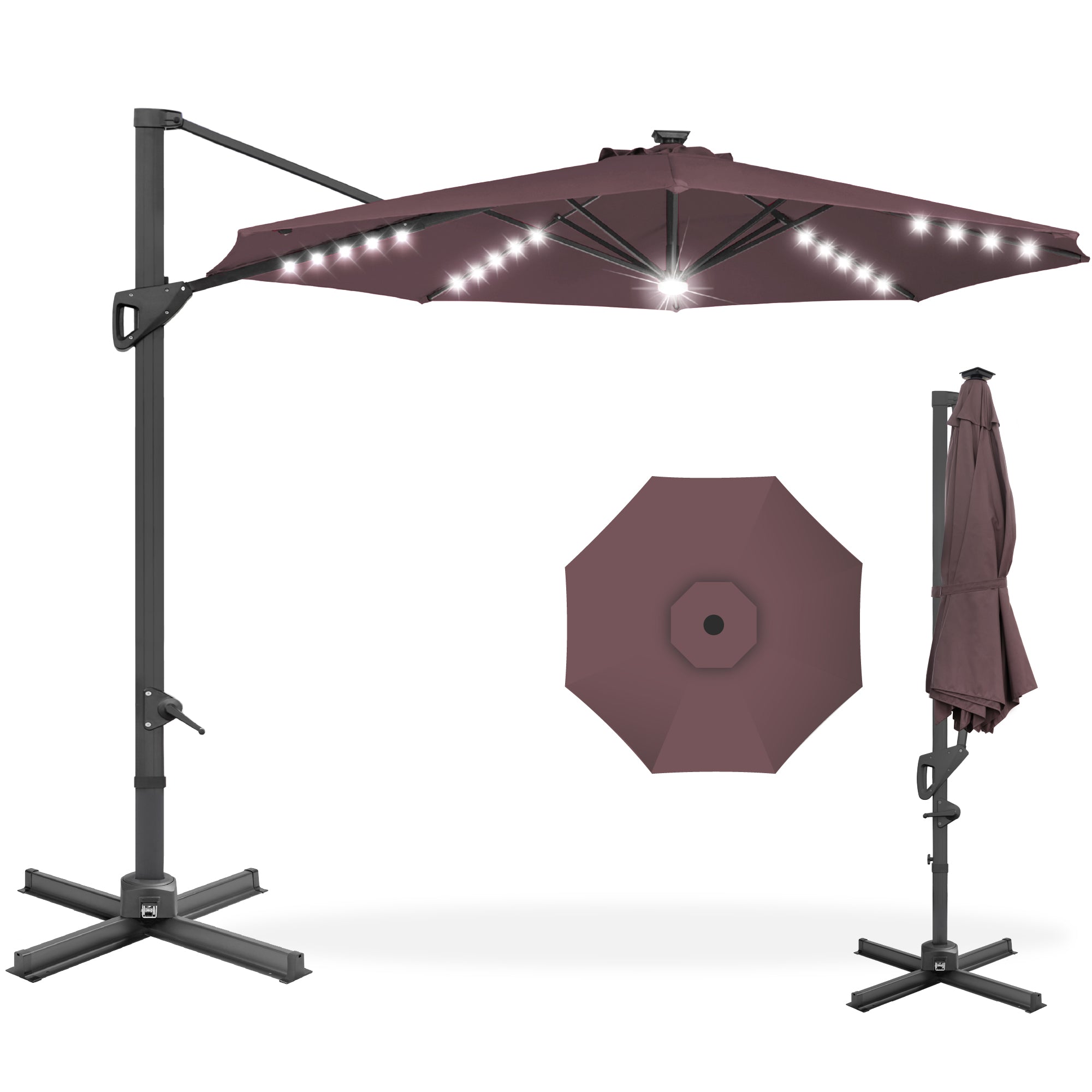 360-Degree Solar LED Cantilever Offset Patio Umbrella w/ Tilt - 10ft - Deep Taupe