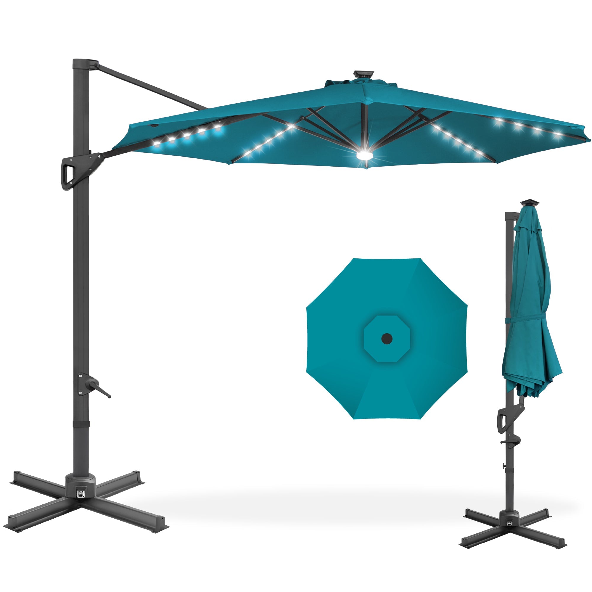 360-Degree Solar LED Cantilever Offset Patio Umbrella w/ Tilt - 10ft - Cerulean