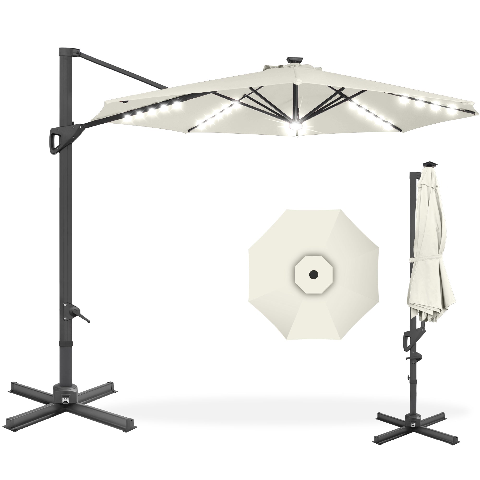 360-Degree Solar LED Cantilever Offset Patio Umbrella w/ Tilt - 10ft - Ivory
