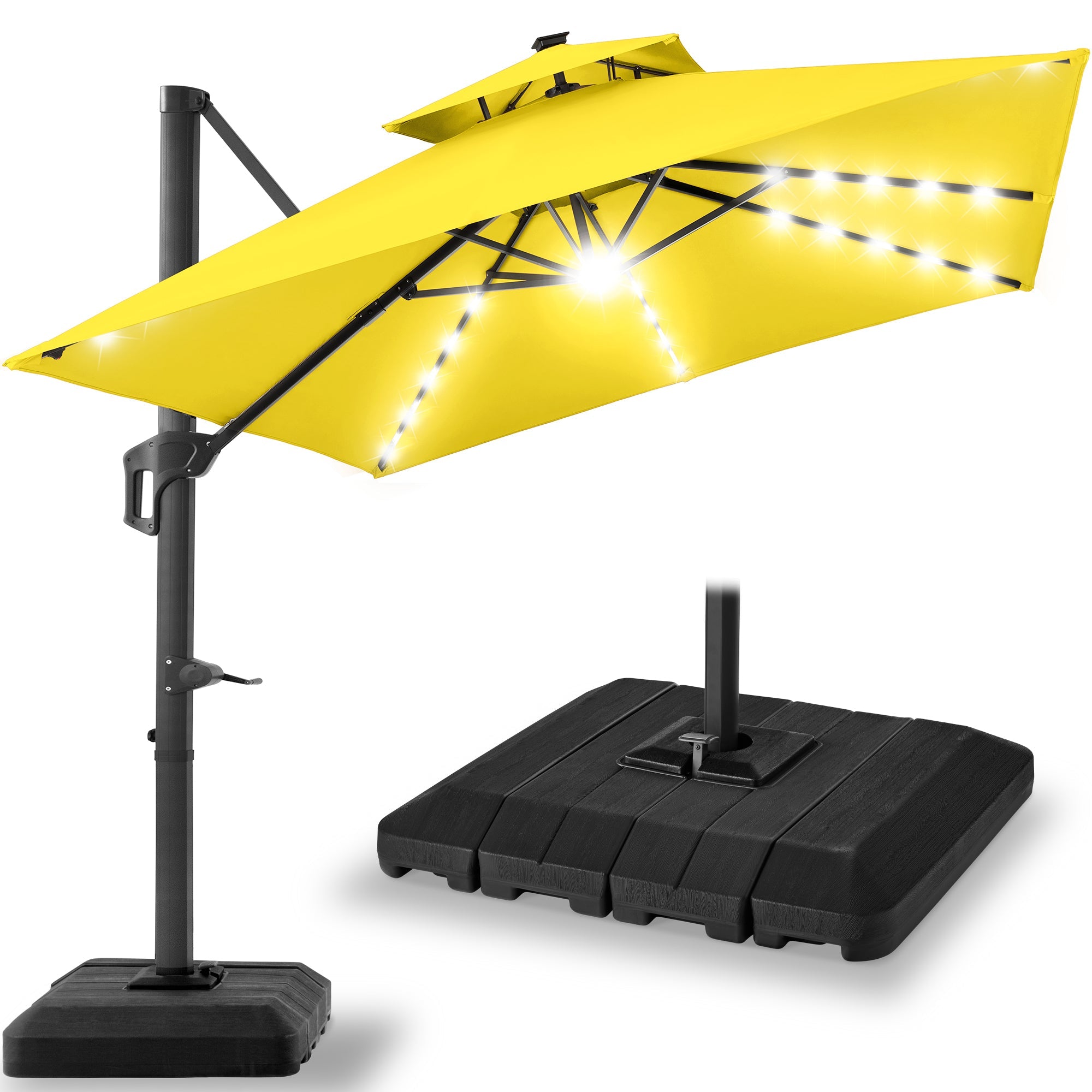 2-Tier Square LED Cantilever Offset Umbrella w/ 360 Rotation, Base - 10x10ft - Yellow