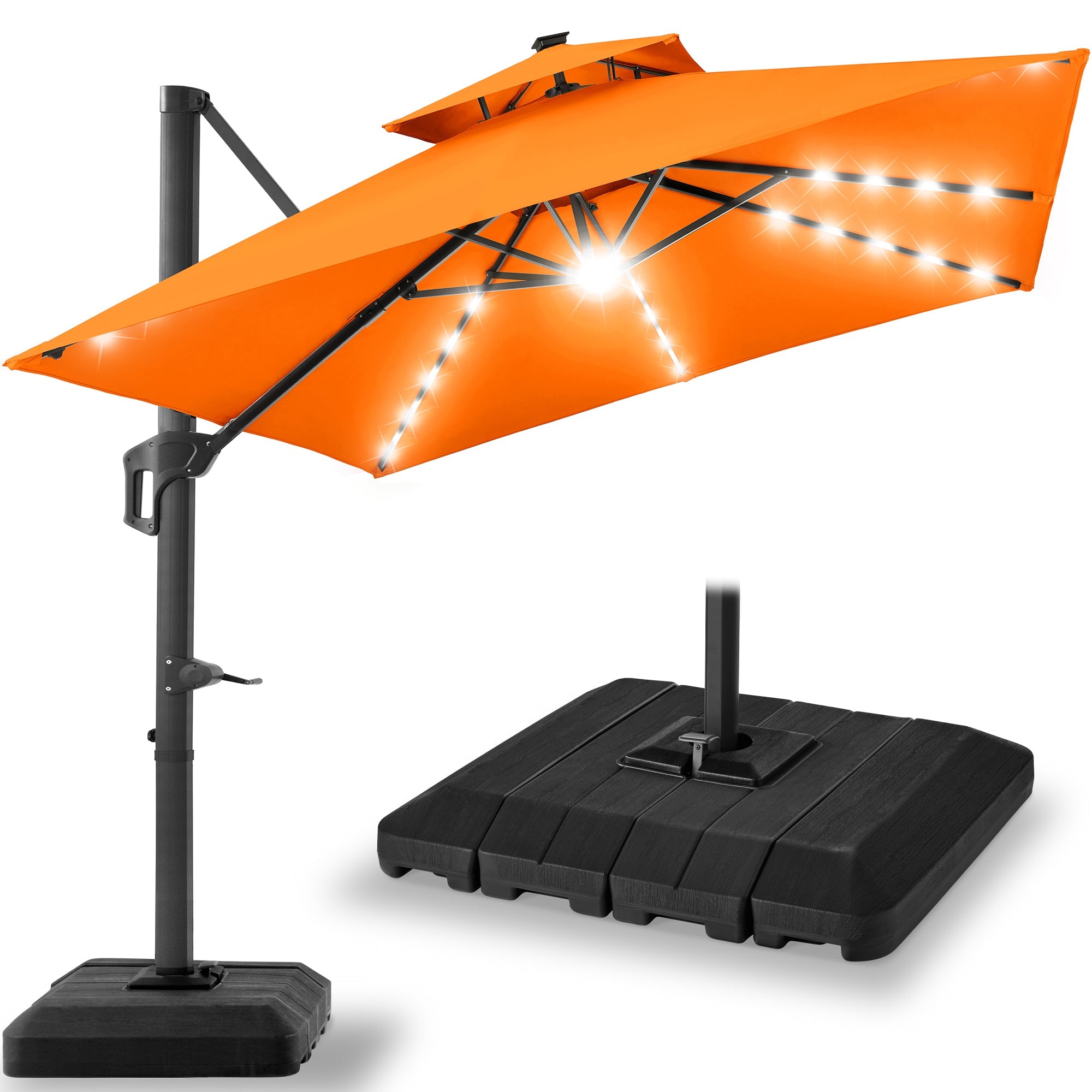 2-Tier Square LED Cantilever Offset Umbrella w/ 360 Rotation, Base - 10x10ft - Orange