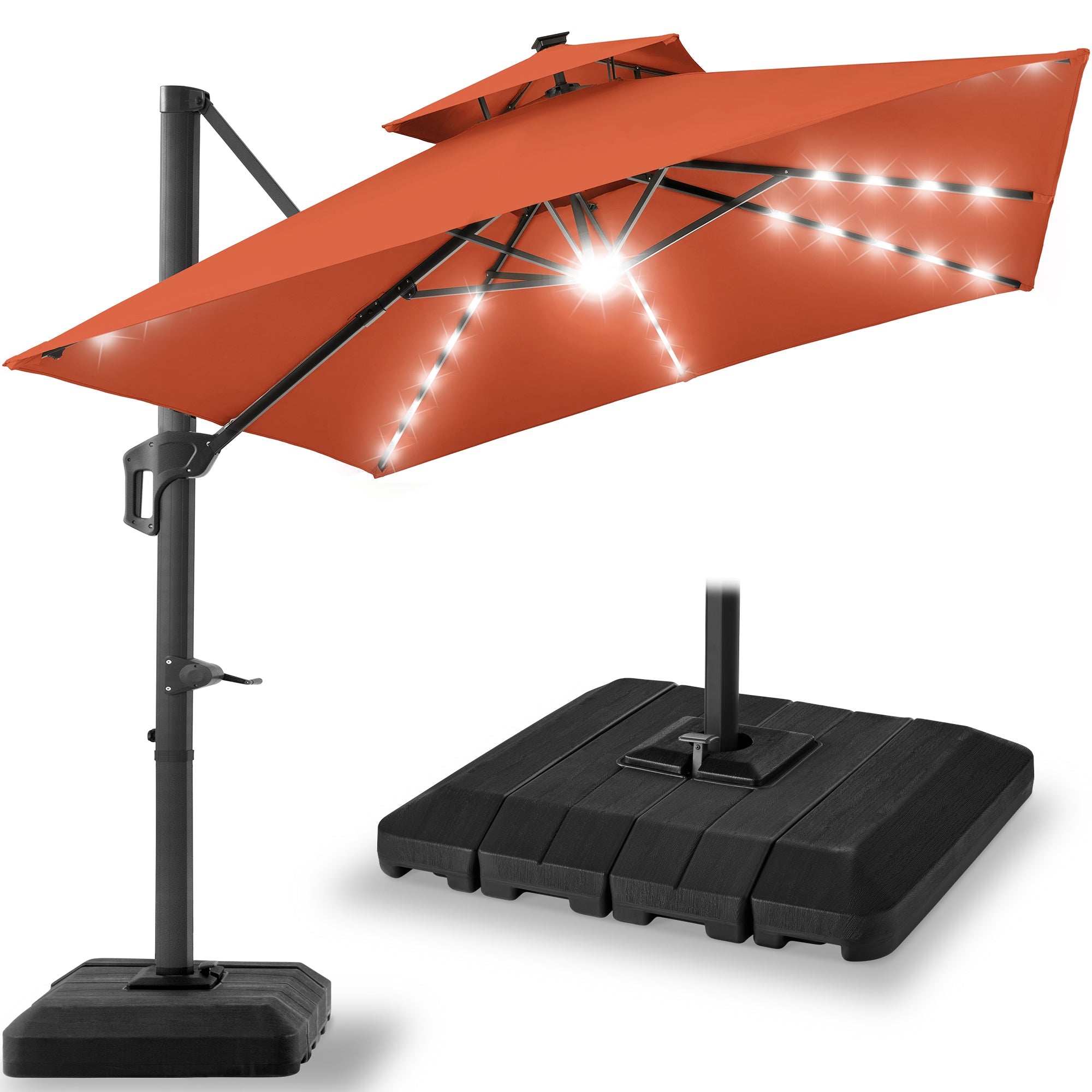 2-Tier Square LED Cantilever Offset Umbrella w/ 360 Rotation, Base - 10x10ft - Rust