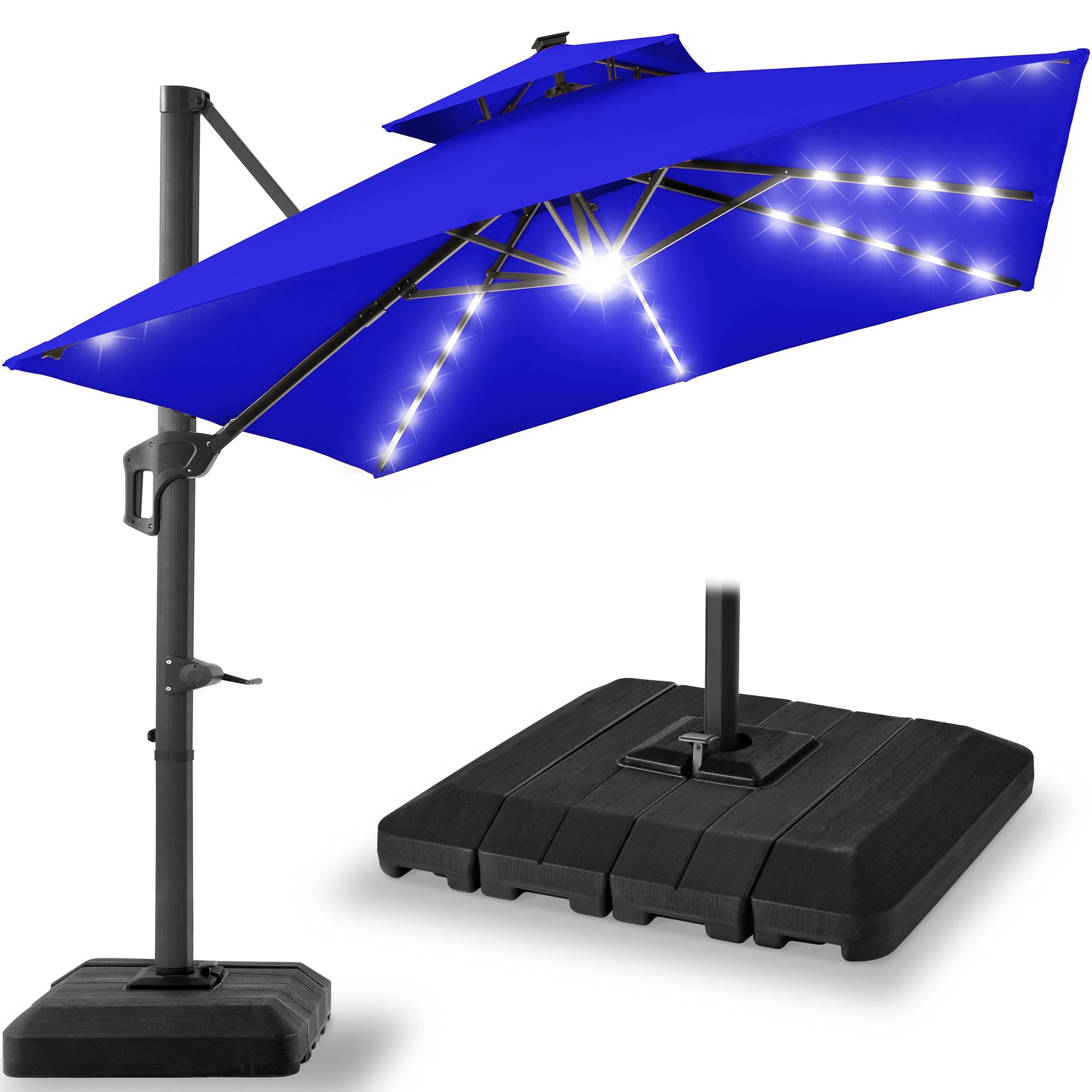 2-Tier Square LED Cantilever Offset Umbrella w/ 360 Rotation, Base - 10x10ft - Resort Blue
