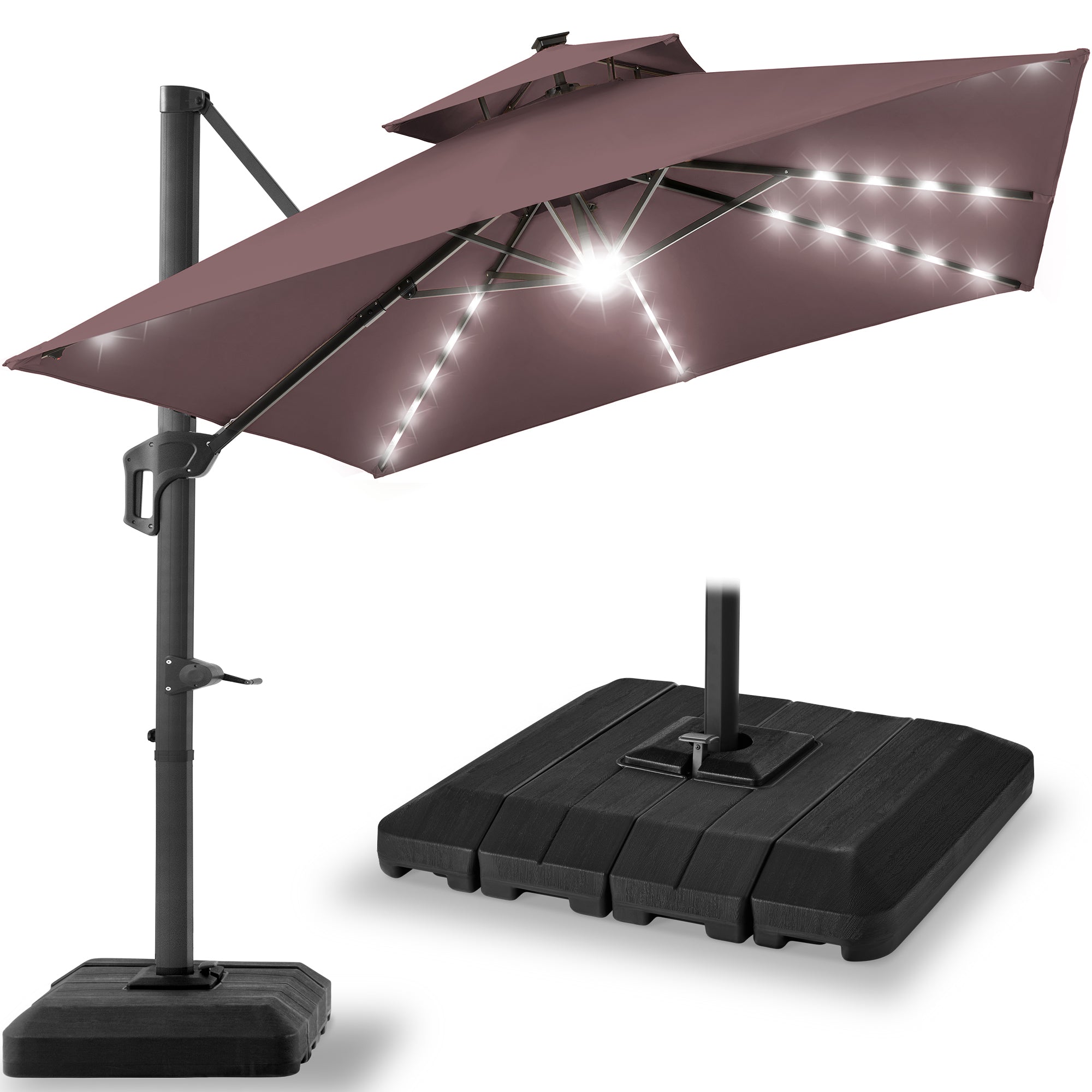 2-Tier Square LED Cantilever Offset Umbrella w/ 360 Rotation, Base - 10x10ft - Deep Taupe