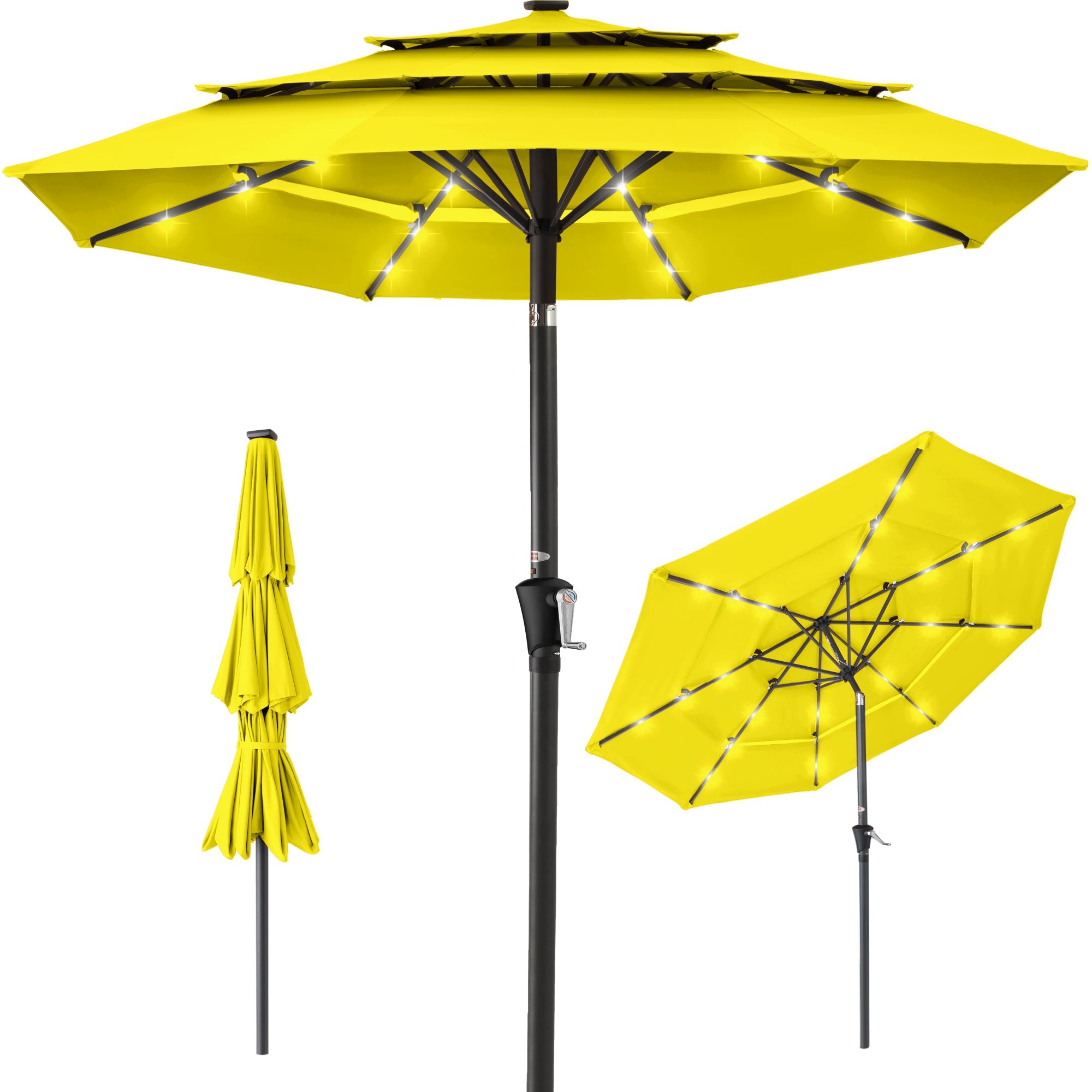 3-Tier Solar Patio Umbrella w/ LED Lights, Tilt Adjustment, Crank - 10ft - Yellow