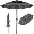 3-Tier Solar Patio Umbrella w/ LED Lights, Tilt Adjustment, Crank - 10ft - Gray