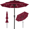 3-Tier Solar Patio Umbrella w/ LED Lights, Tilt Adjustment, Crank - 10ft - Burgundy