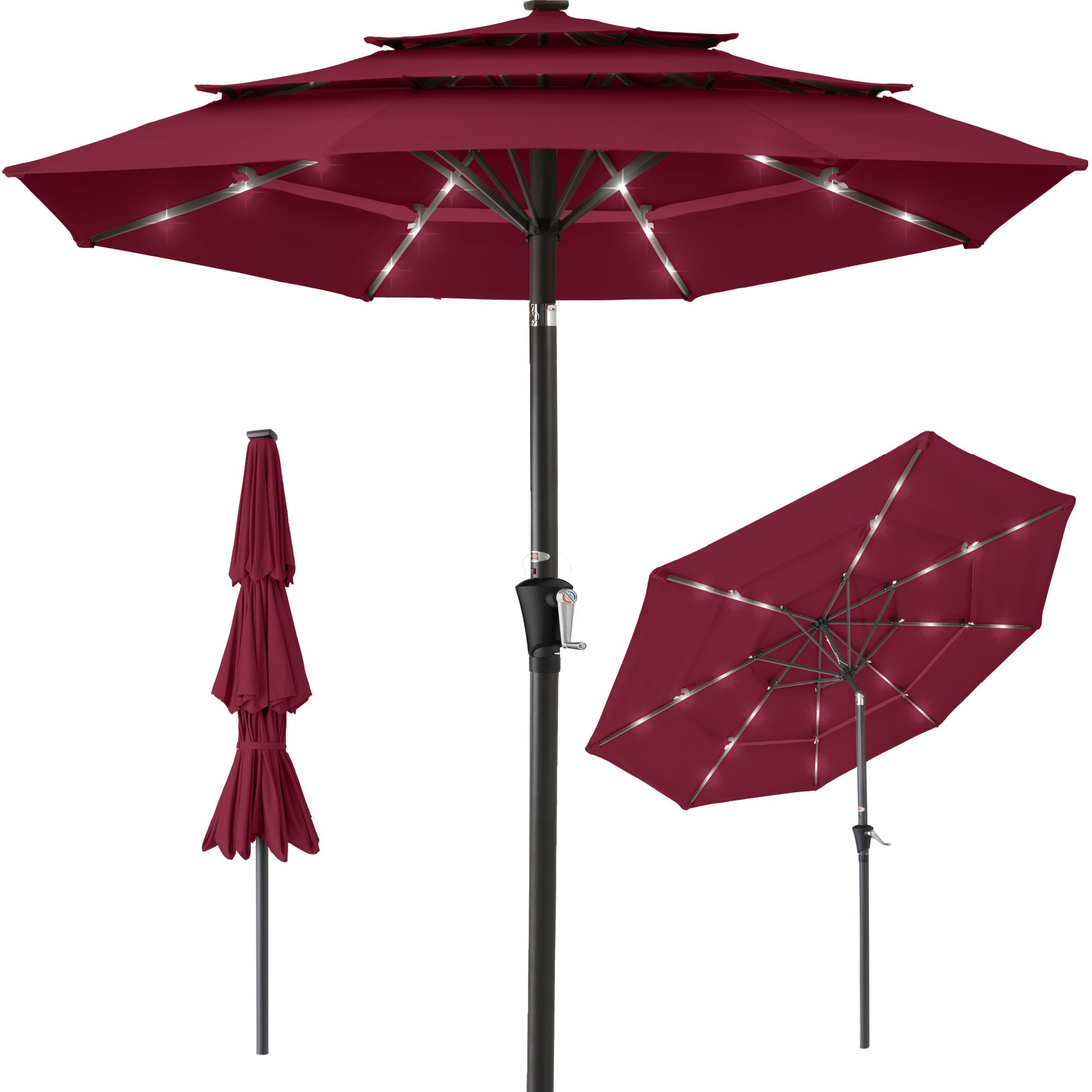 3-Tier Solar Patio Umbrella w/ LED Lights, Tilt Adjustment, Crank - 10ft - Burgundy