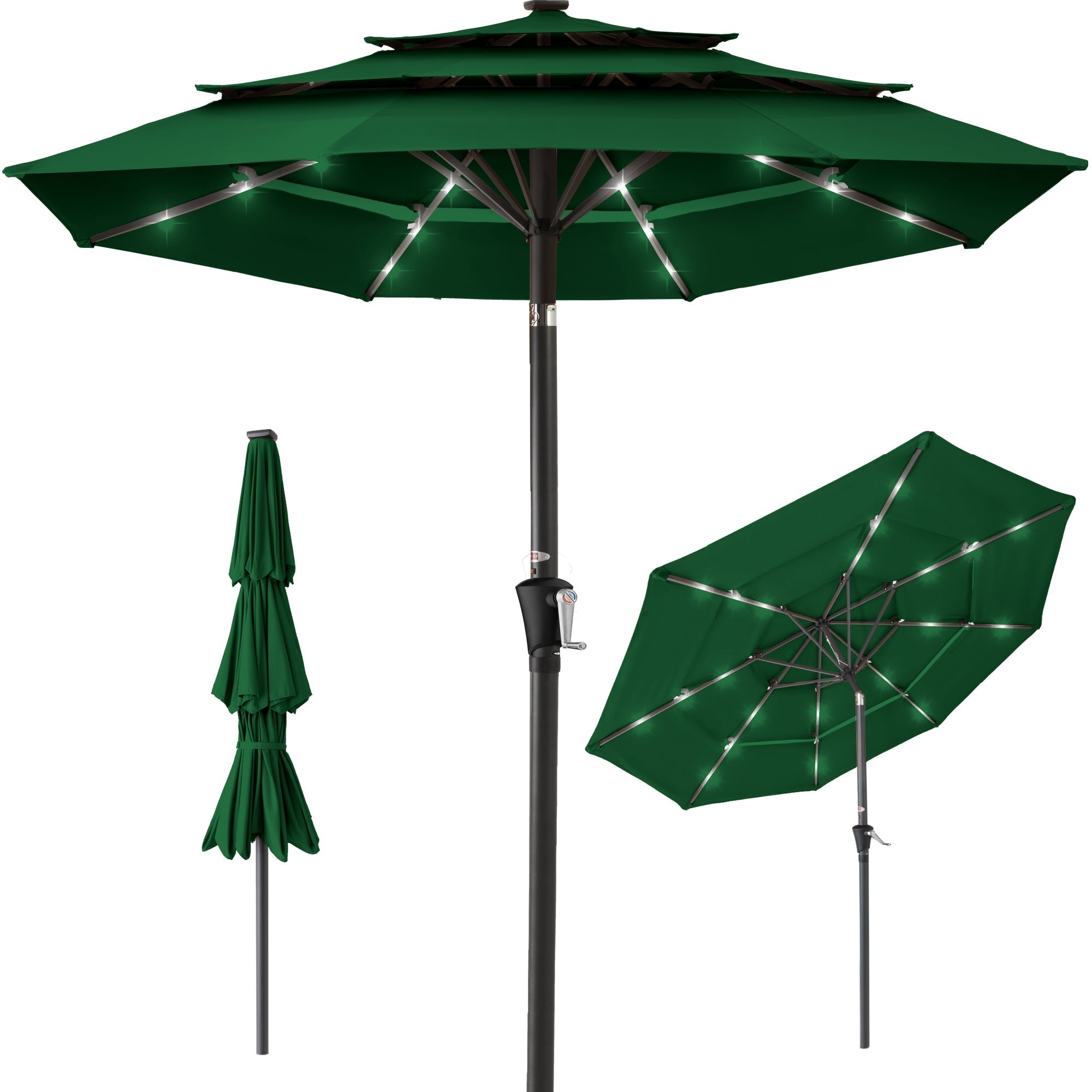 3-Tier Solar Patio Umbrella w/ LED Lights, Tilt Adjustment, Crank - 10ft - Green