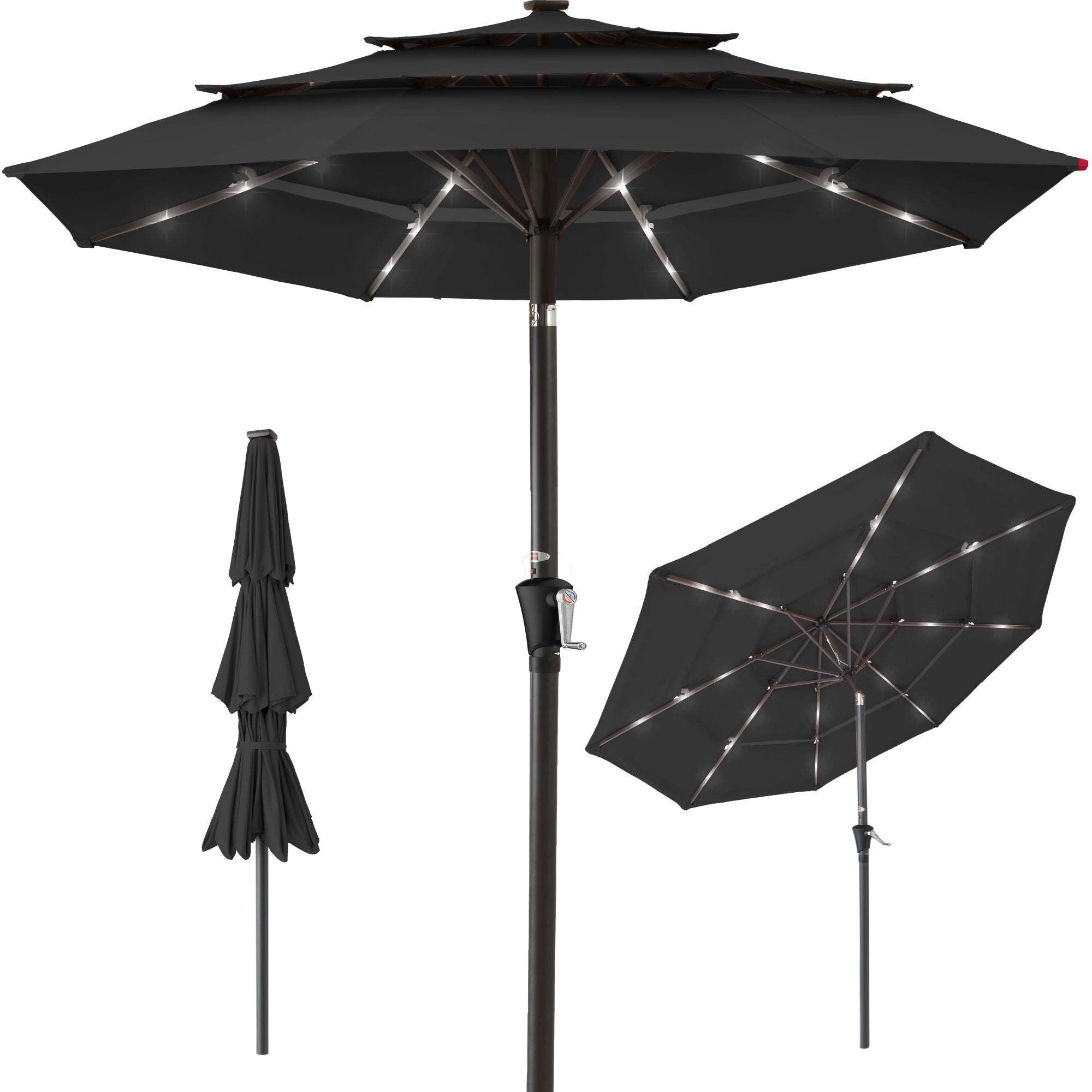 3-Tier Solar Patio Umbrella w/ LED Lights, Tilt Adjustment, Crank - 10ft - Black