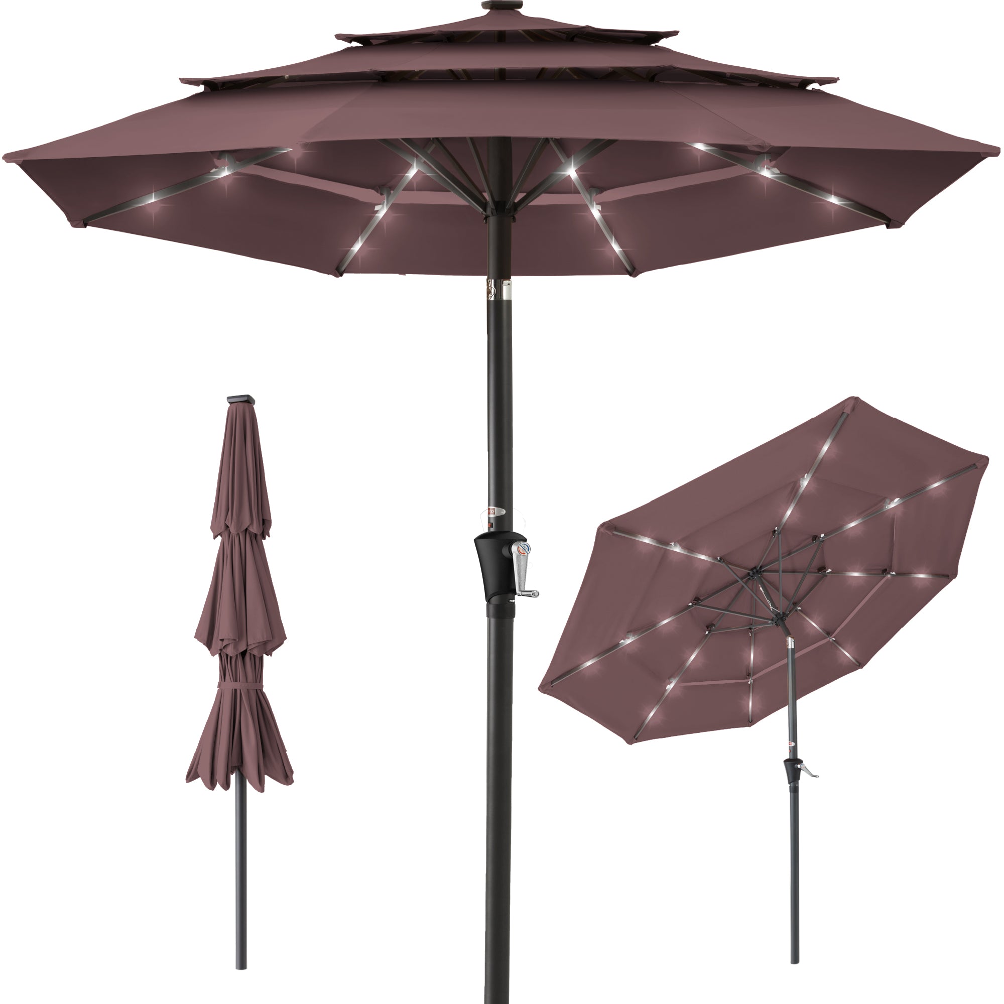 3-Tier Solar Patio Umbrella w/ LED Lights, Tilt Adjustment, Crank - 10ft - Deep Taupe