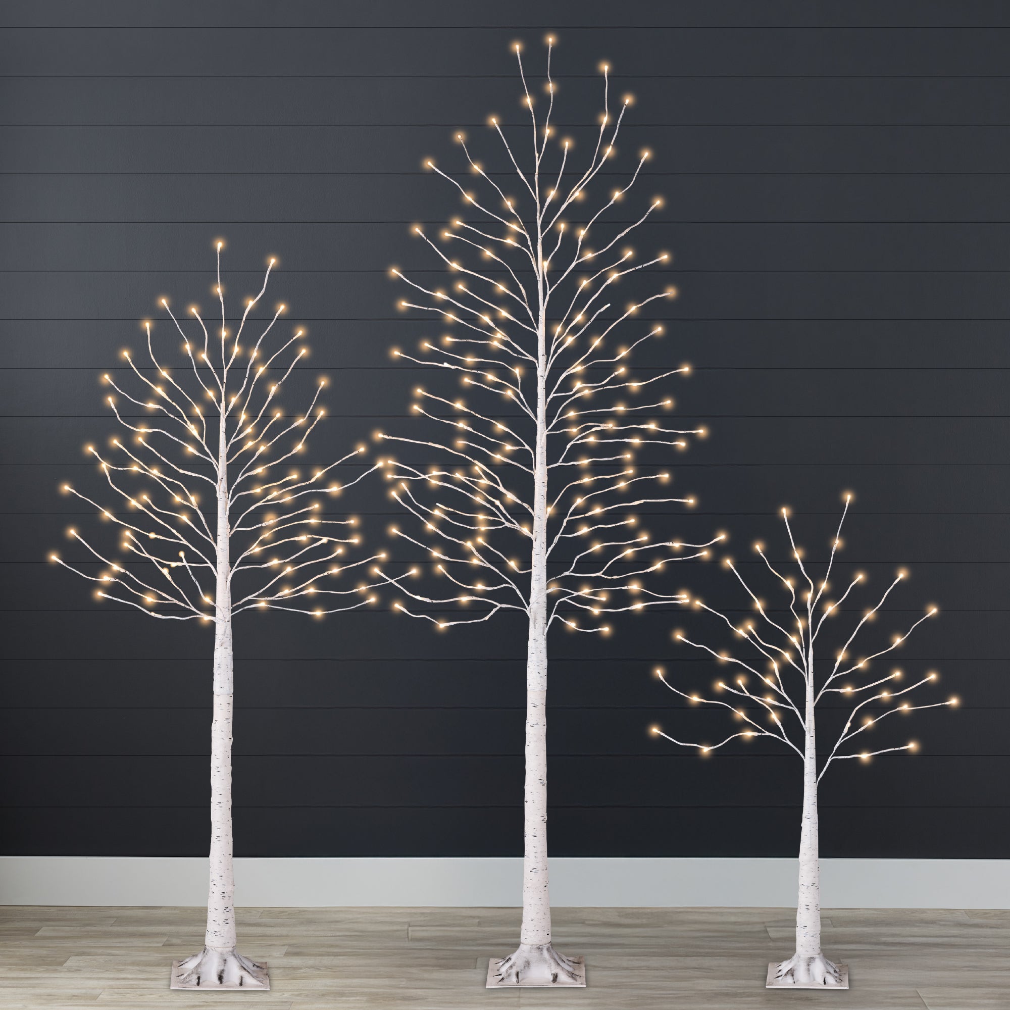 Set of 3 Lighted Twig Birch Trees, 4ft, 6ft, 8ft w/ 300 2-in-1 LEDs - White