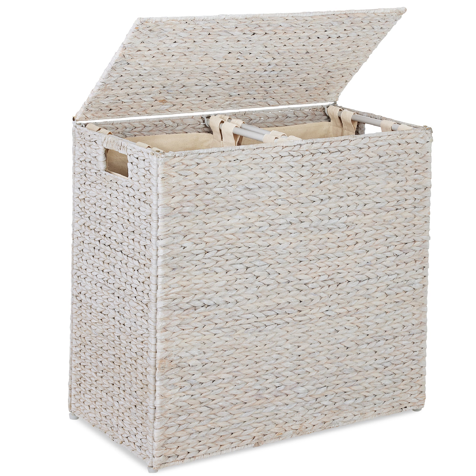 Large Water Hyacinth Double Laundry Hamper Basket w/ 2 Liner Bags - Whitewash