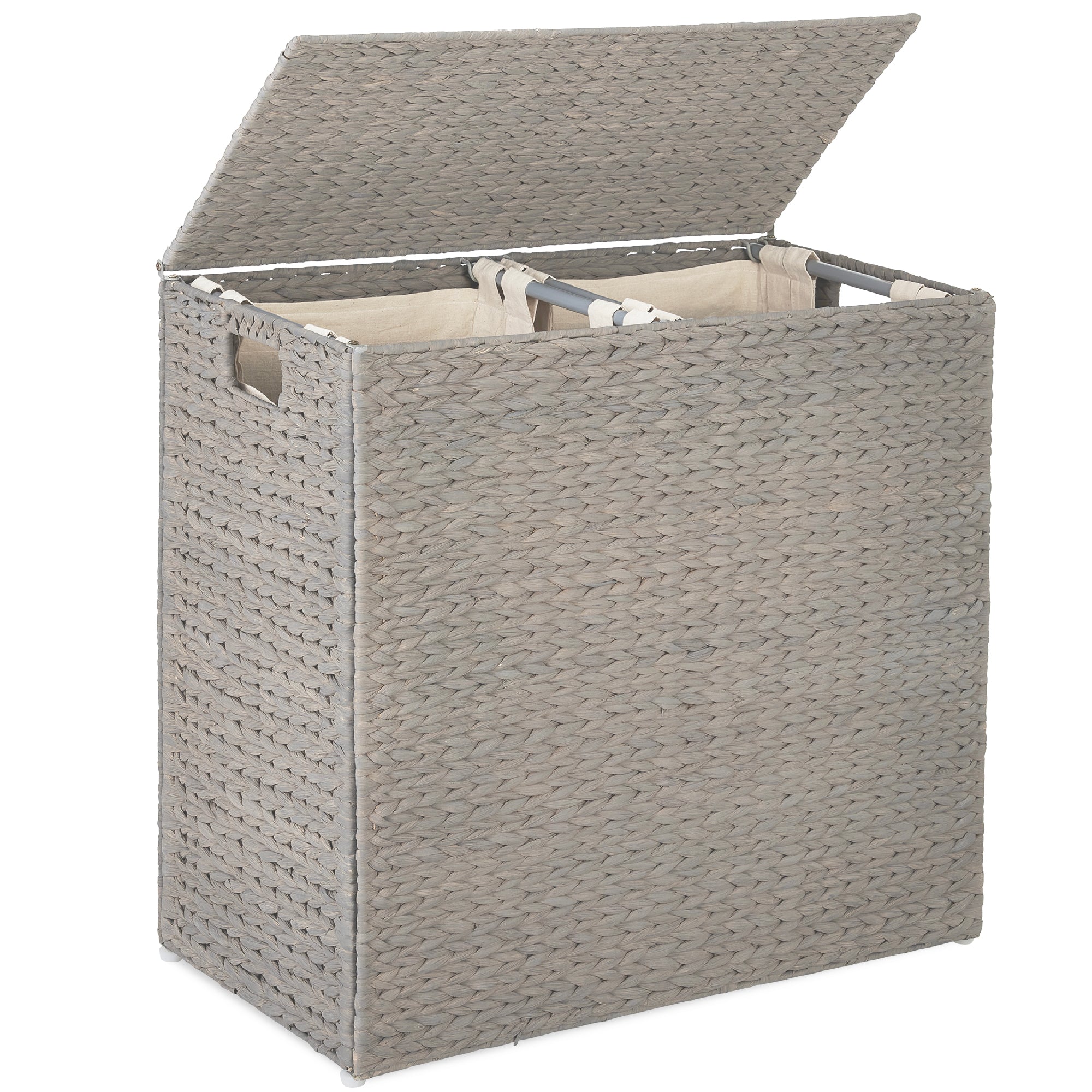 Large Water Hyacinth Double Laundry Hamper Basket w/ 2 Liner Bags - Gray
